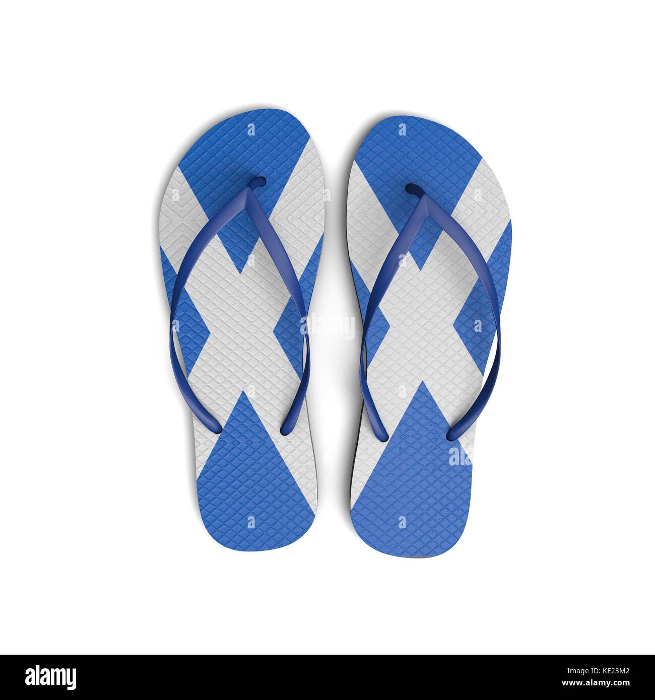 Scozia bandiera flip flop sandali su uno sfondo bianco. Il rendering 3D Foto Stock