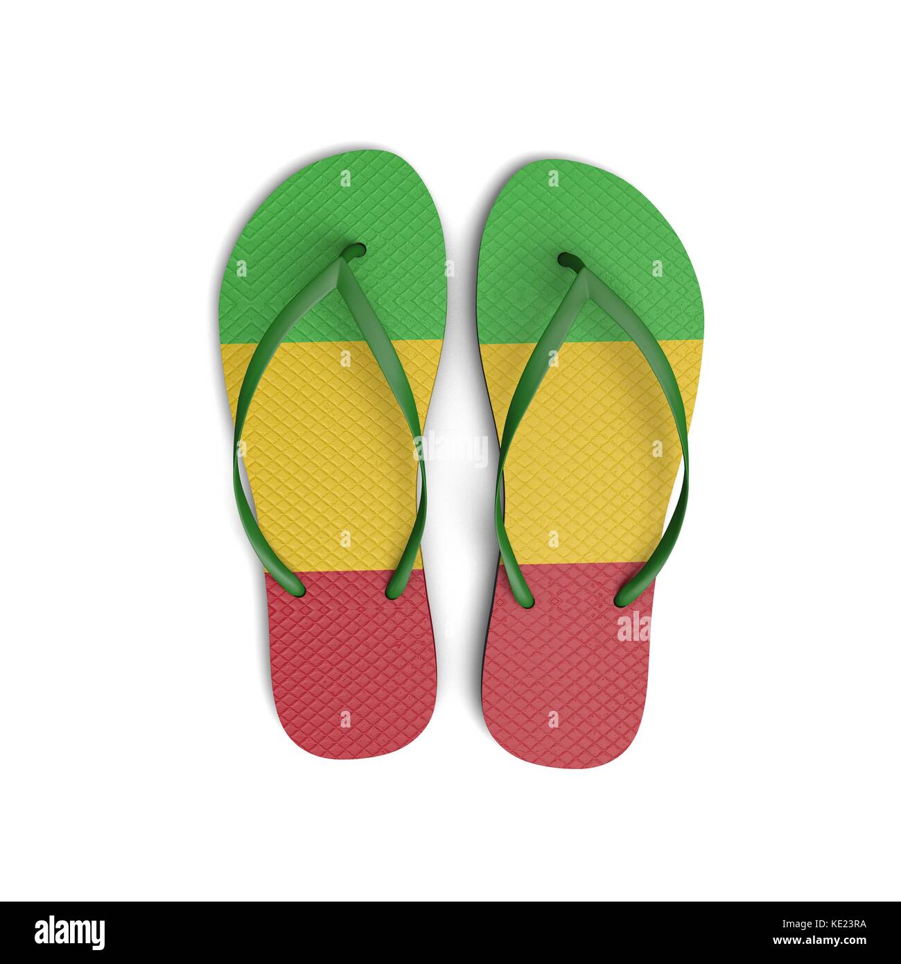 Sandali infradito con bandiera Mali su sfondo bianco. Rendering 3D. Foto Stock