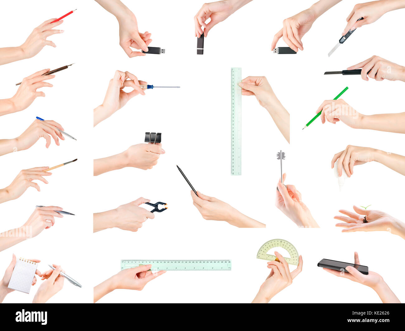 Donna mani con diversi piccoli oggetti grandi set. ufficio, cancelleria, la scrittura e l'istruzione. tema isolato su bianco, percorso di clipping incluso Foto Stock