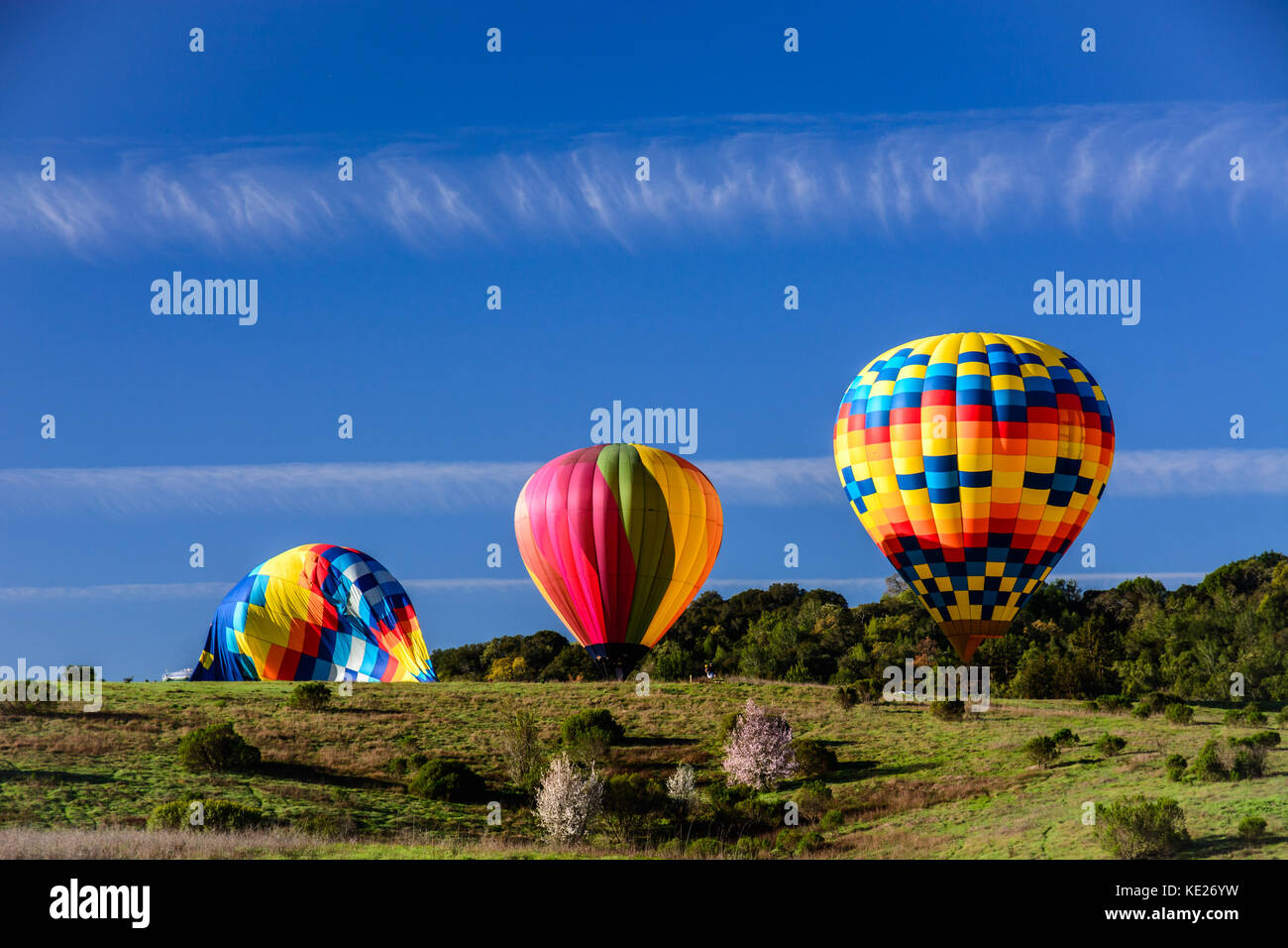 I palloni ad aria calda di atterraggio in un campo aperto sotto un chiaro luminoso cielo blu in Napa California. Foto Stock