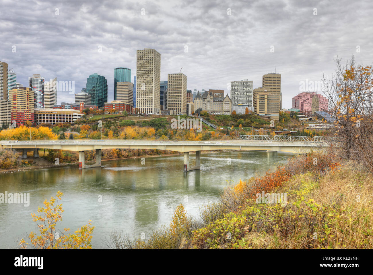 Un paesaggio urbano di Edmonton con colorati aspen in autunno Foto Stock