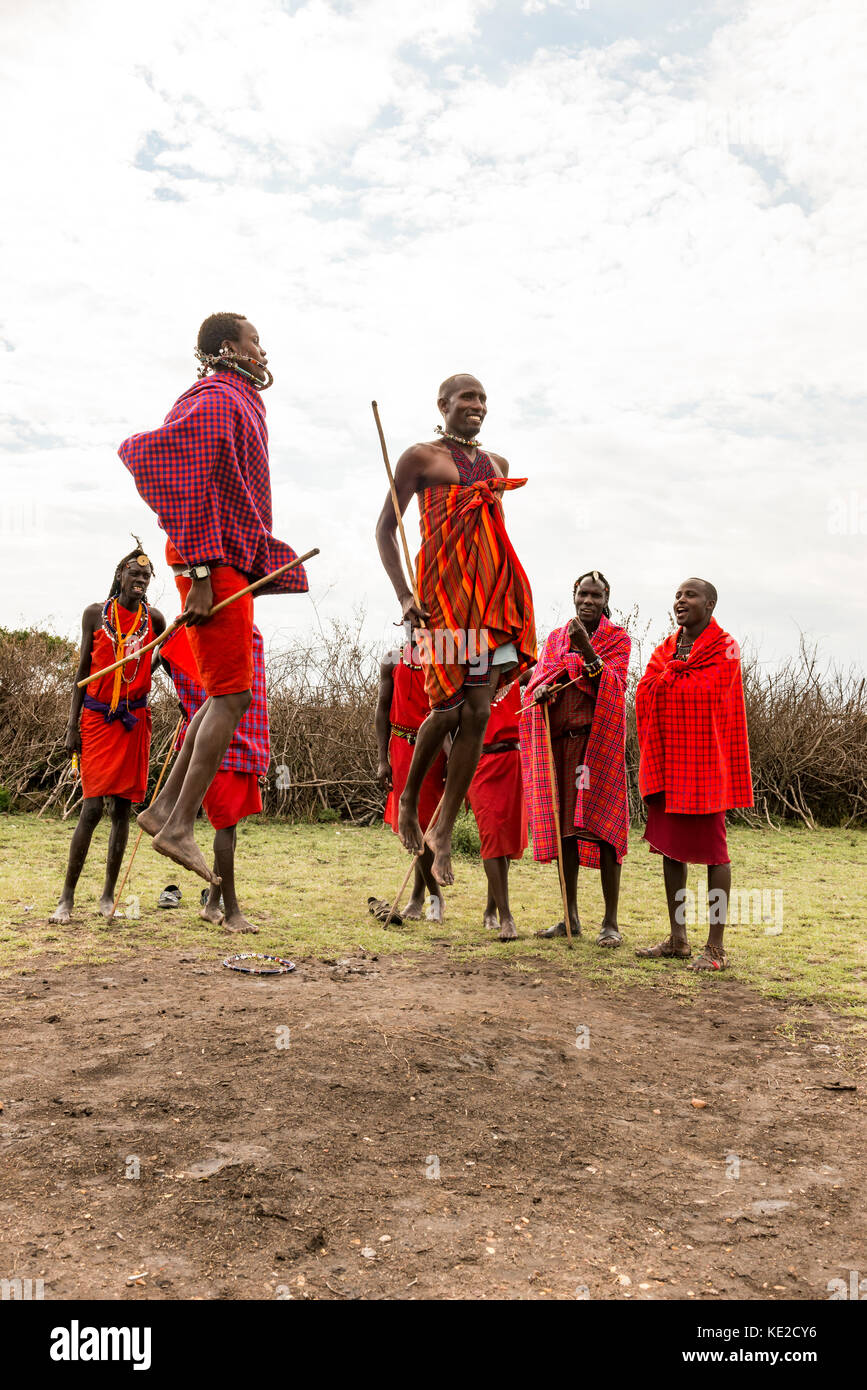 Uomini Maasai che ballano e saltano nel Masai Mara, Kenya Foto Stock