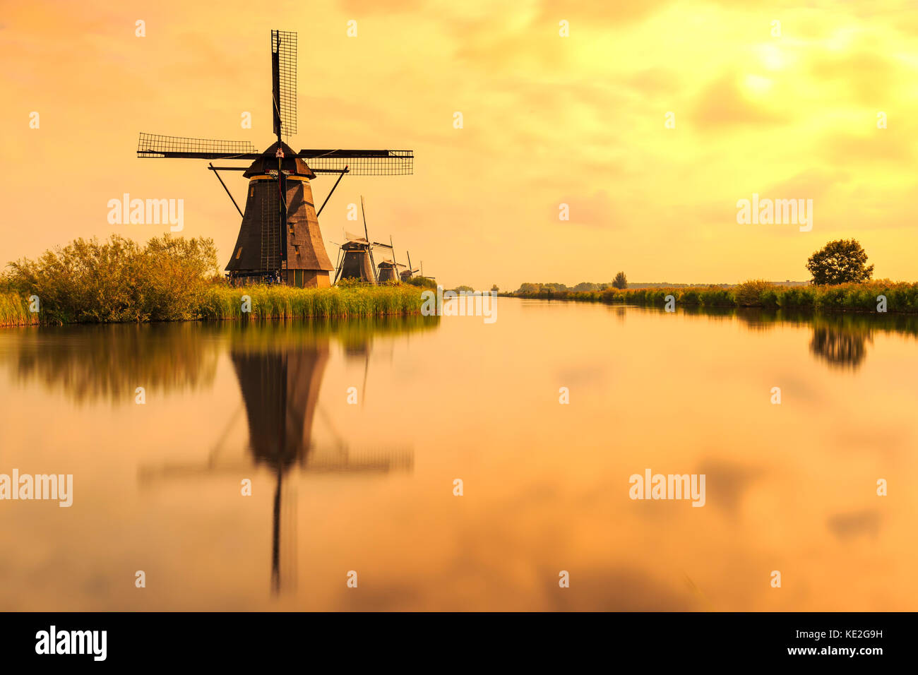 Tradizionali mulini a vento olandese kinderdijk, mondo patrimonio Unesco, in una giornata di sole tarda estate. riflesso visibile sulla superficie dell'acqua. Foto Stock