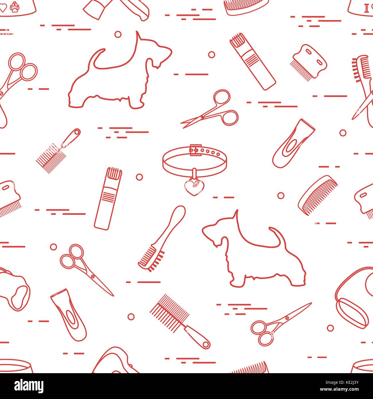 Modello con il cane, pettini, collare, guinzaglio, rasoio, asciugacapelli, ciotola, forbici. health care, toelettatura, prendersi cura di un cane, mostra. Illustrazione Vettoriale