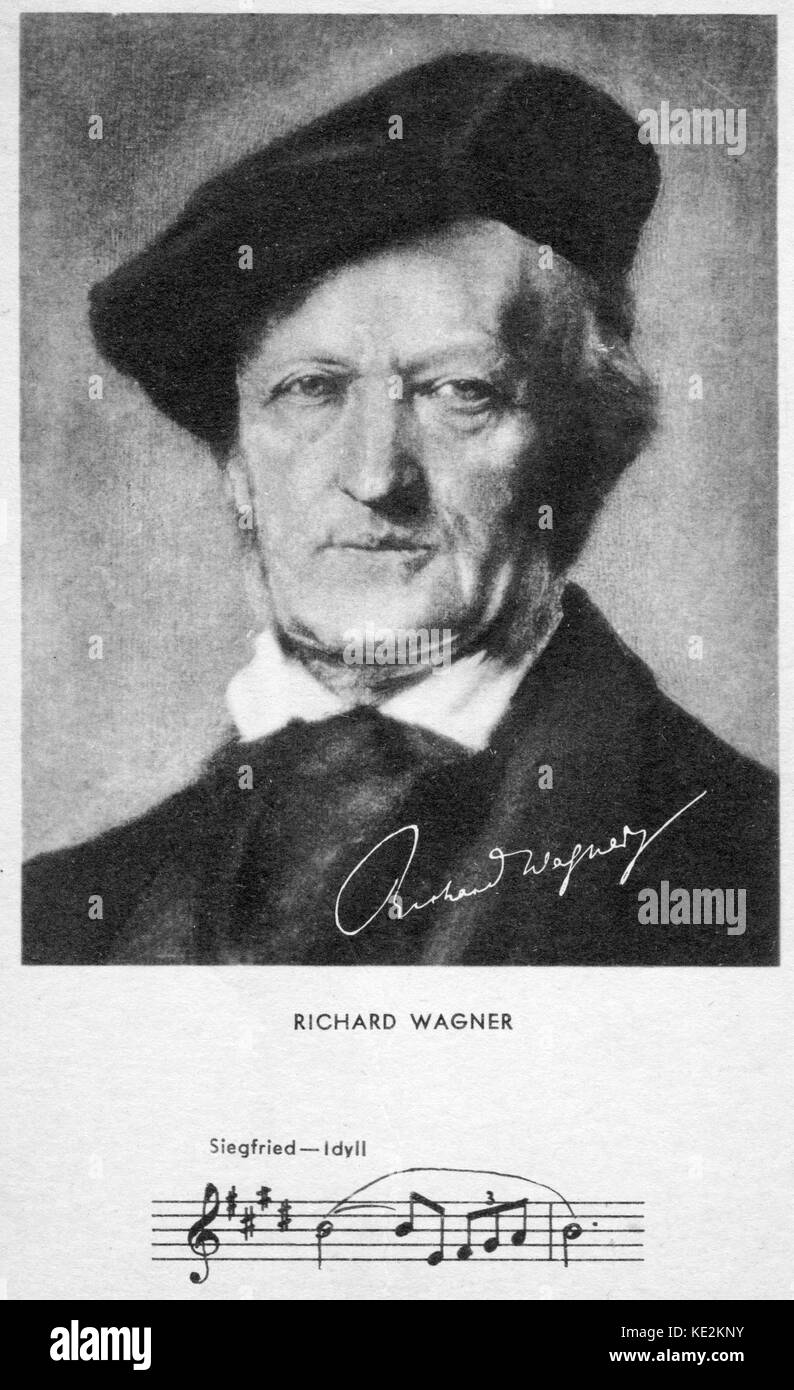 Richard Wagner ritratto con firma. Idillio Siegfired notazione musicale sul fondo. Compositore tedesco & autore, 22 maggio 1813 - 13 febbraio 1883. Foto Stock