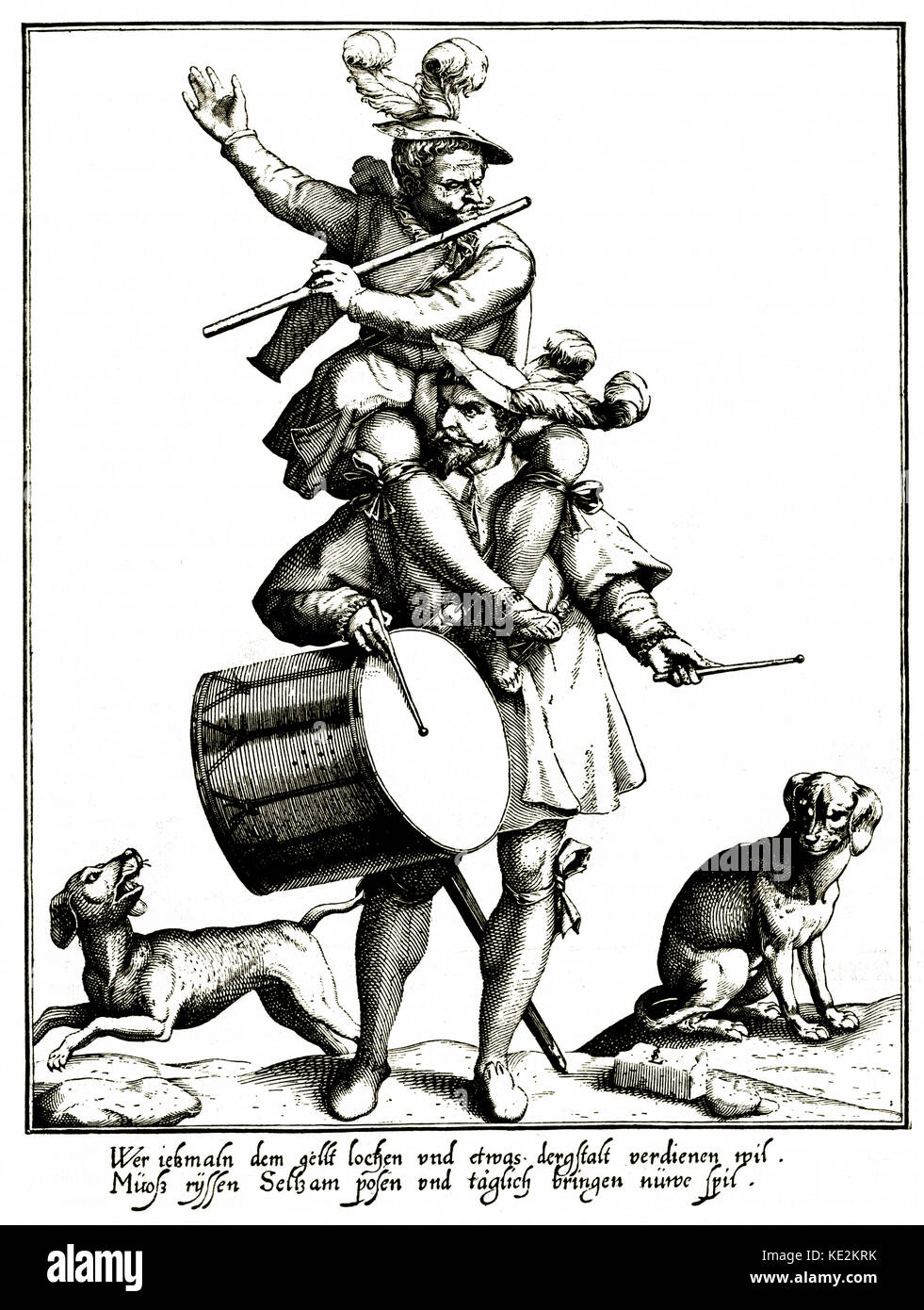 Musicisti dal XVI secolo - uno si siede su gli altri della spalle e riproduce un flauto di legno. Il musicista permanente baging è un tamburo. Due cani Barks all'audio. Xilografia di Lorenz Strauch 1554-1636 batterista. Flautista Foto Stock