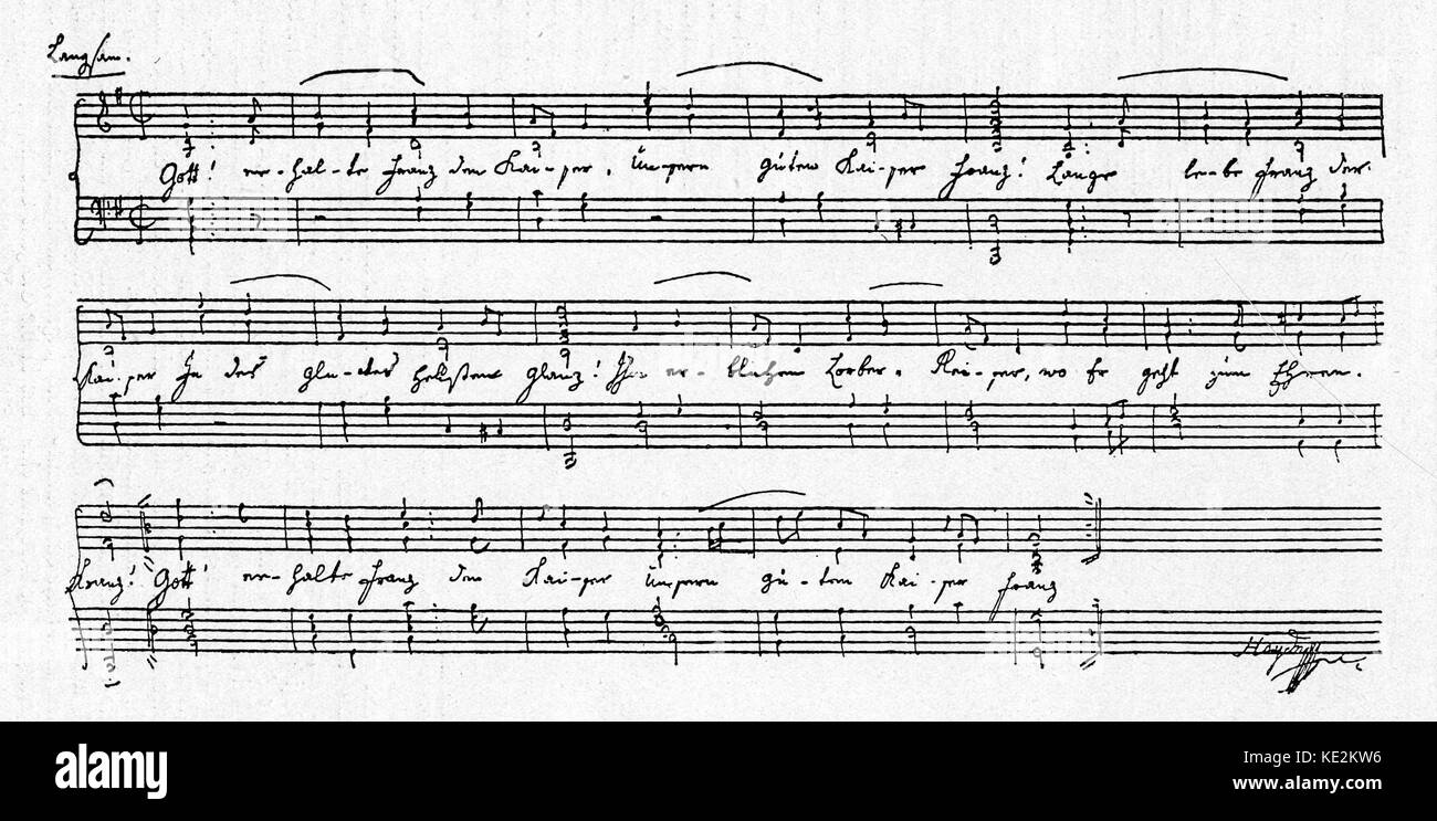 Franz Joseph Haydn 's "Gott erhalte Franz den Kaiser' - firma scritta a mano punteggio. Scritto inno in onore del Kaiser Franz II 's compleanno il 12 febbraio 1797, Melody successivamente utilizzata in Germania 's inno nazionale. Parole di Lorenz Leopold Haschka. Manoscritto originale tenutosi presso la Gesellschaft der Musikfreunde a Vienna. FJH, il compositore austriaco: 31 Marzo 1732 - 31 maggio 1809. Noto anche come il Kaiserhymne (Imperatore del inno). Dio salva Imperatore Francesco I. Come in Dio salva il re. Foto Stock