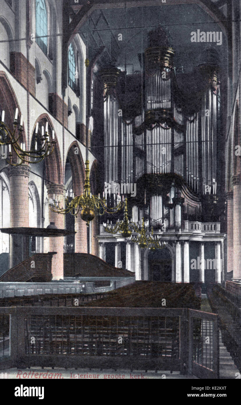 Organo di St Laurenskerk, Rotterdam. Illustrazione dell'interno della chiesa. Grote Kerk. Chiesa del xv secolo. Organo a canne. Foto Stock