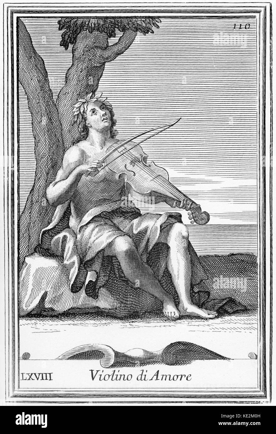 Musicista che gioca la viola d' amore. Illustrazione da Bonanni 's Gabinetto Armonico 1723. "Violino di Amore" Foto Stock