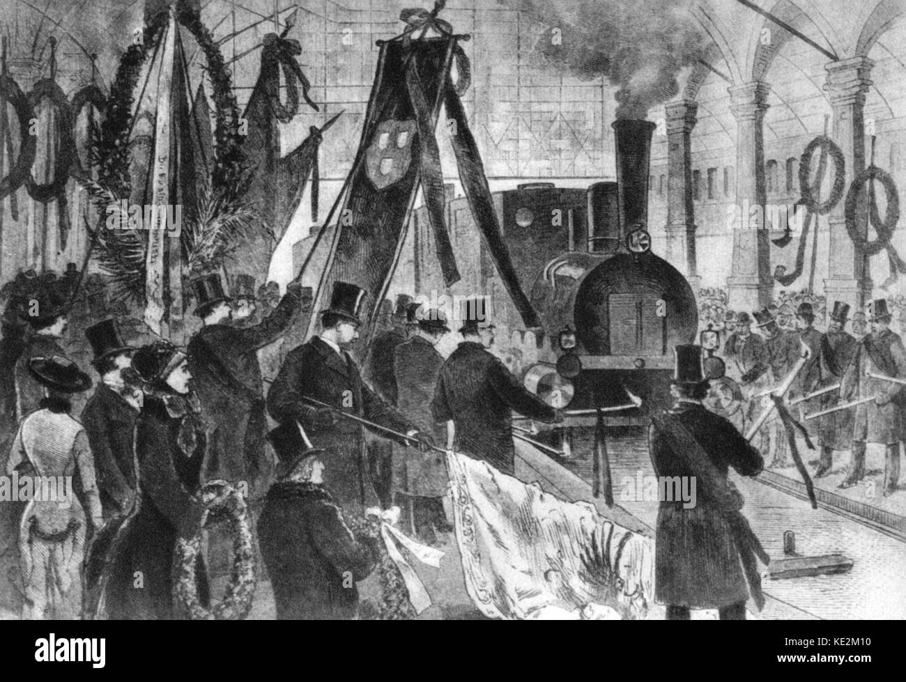 Arrivo di Richard Wagner 's bara alla stazione di Monaco di Baviera. Dopo un disegno da L. Bechstein. Mostra una folla di suoi ammiratori raccogliendo attorno a un treno, tenendo le ghirlande e banner. Compositore tedesco. 22 maggio 1813 - 13 febbraio 1883. Foto Stock