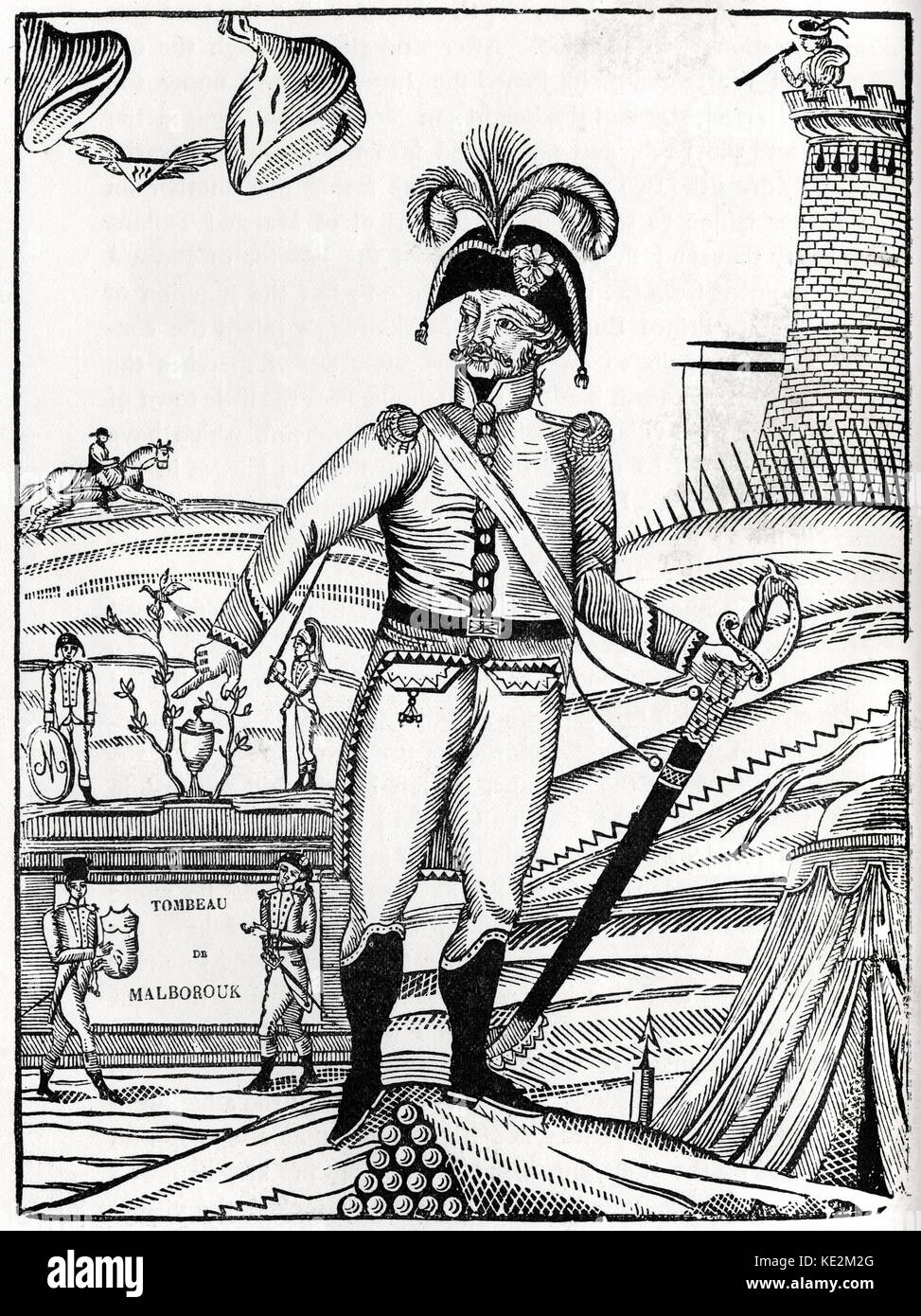 Malborouk (Malborough) - inizio del diciannovesimo secolo illustrazione per canzone francese (fiancata). Soldato in uniforme con la spada. Foto Stock