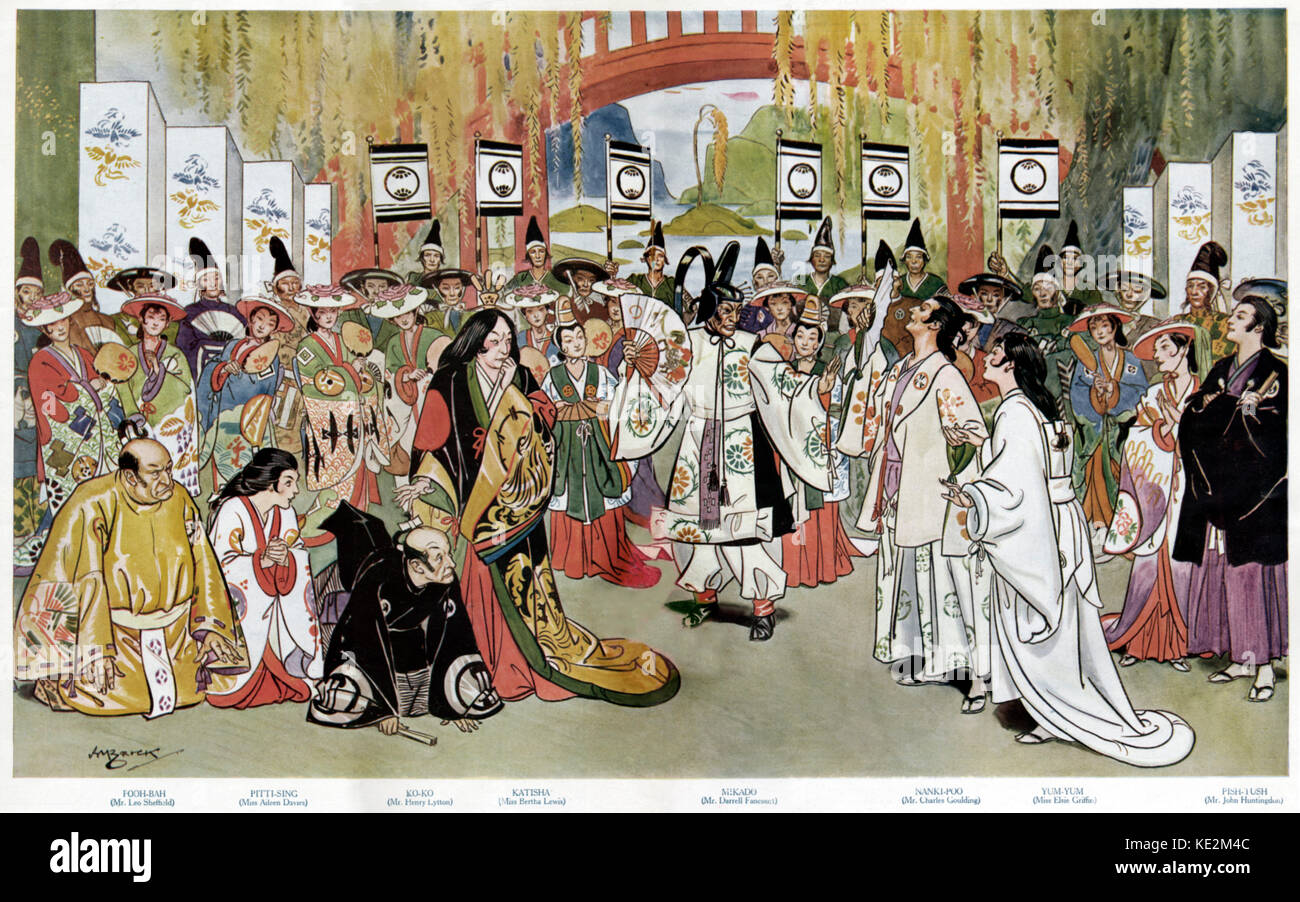 Gilbert & Sullivan 's comic operetta " Il Mikado'. " E la tua nuora eleggere.' atto II. Il Mikado, nel centro, impara che Nanki Poo, erede apparente, non è morto. Quest'ultimo porta nella sua sposa, Yum-Yum. Katisha, le ire princess, volti a loro. Ko-Ko, Pitti-Sing e Pooh-Bah inginocchiarsi ai suoi piedi. D'Oyly Carte Opera Company, stagione 1926. Librettista William S. Gilbert (1836-1911) e il compositore Arthur Sullivan (1842-1900). Foto Stock