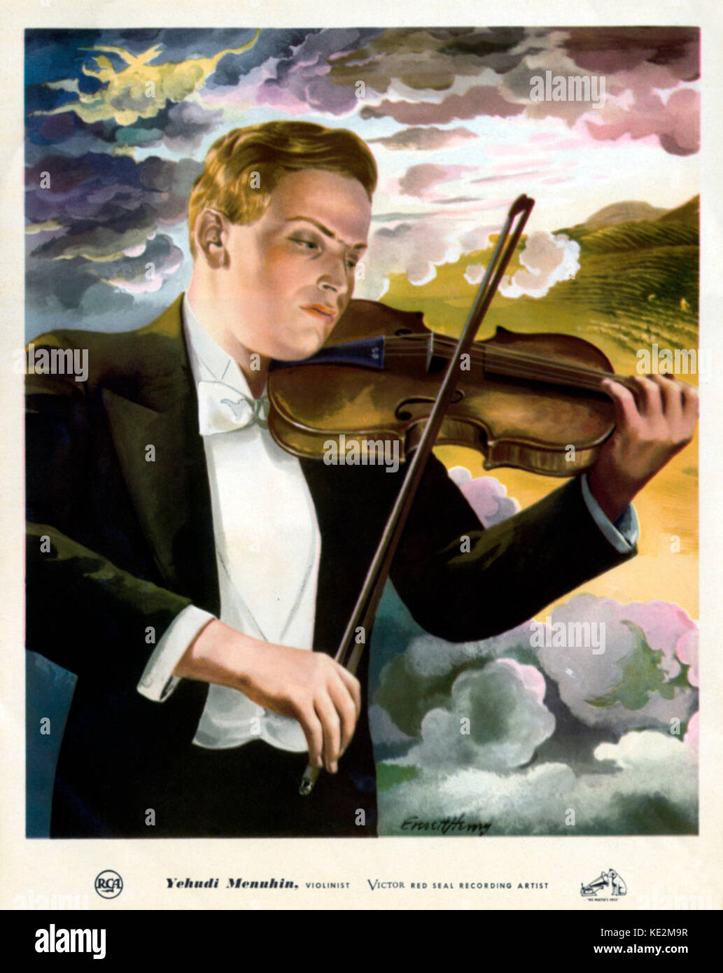 Yehudi Menuhin, come giovane uomo a suonare il violino. Immagine idealizzata con sky in background. Poster per la RCA. Americano nato British violinista e direttore, 22 Aprile 1916 - 12 Marzo 1999. Foto Stock