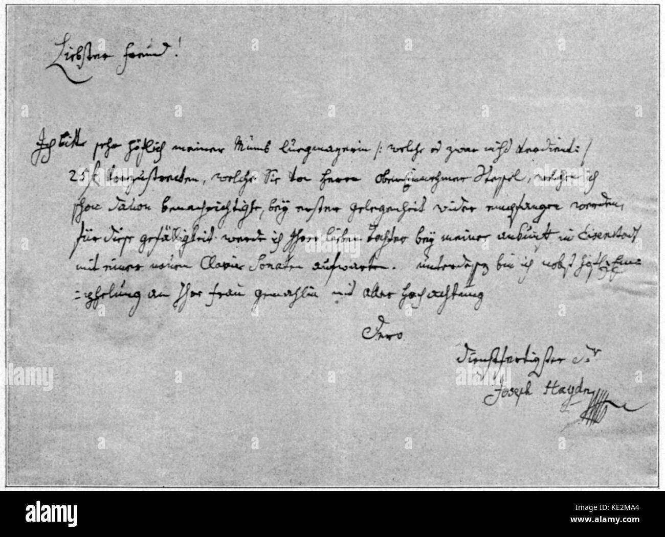 Franz Joseph Haydn - lettera scritta dal compositore austriaco, 31 marzo 1732 - 31 maggio 1809. Foto Stock