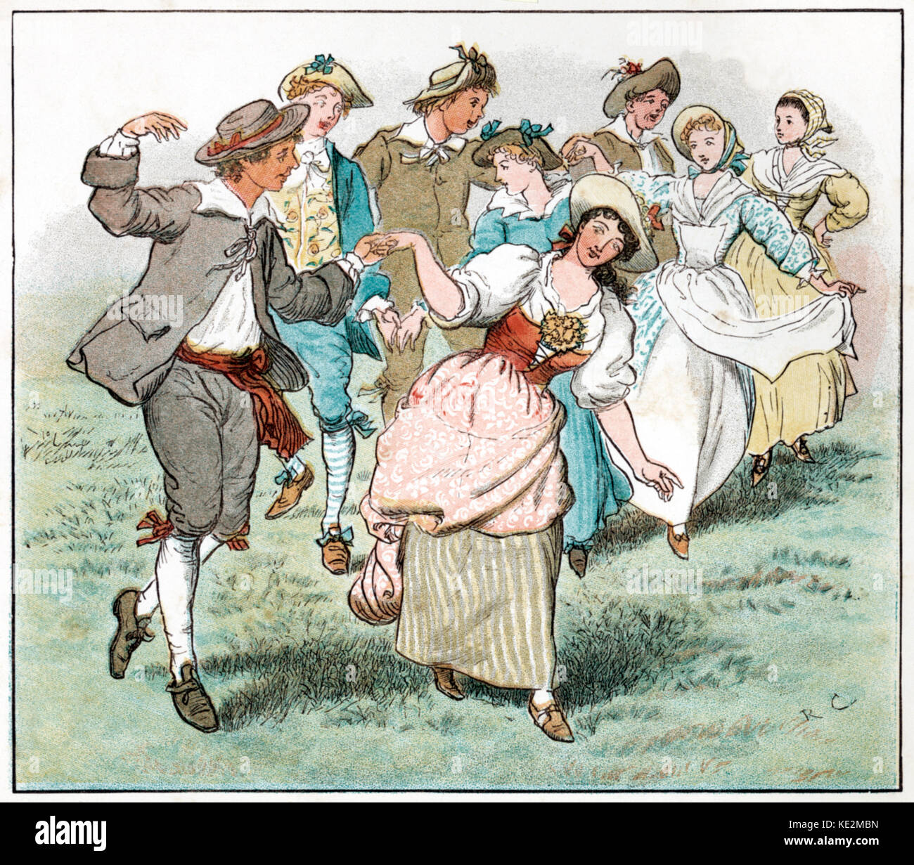 Inglese balli folcloristici, XVIII secolo. Da Randolph Caldecott (Inglese illustrator, 22 marzo 1846 - 12 febbraio 1886). Country Dancing. Pantaloni in cotone Foto Stock
