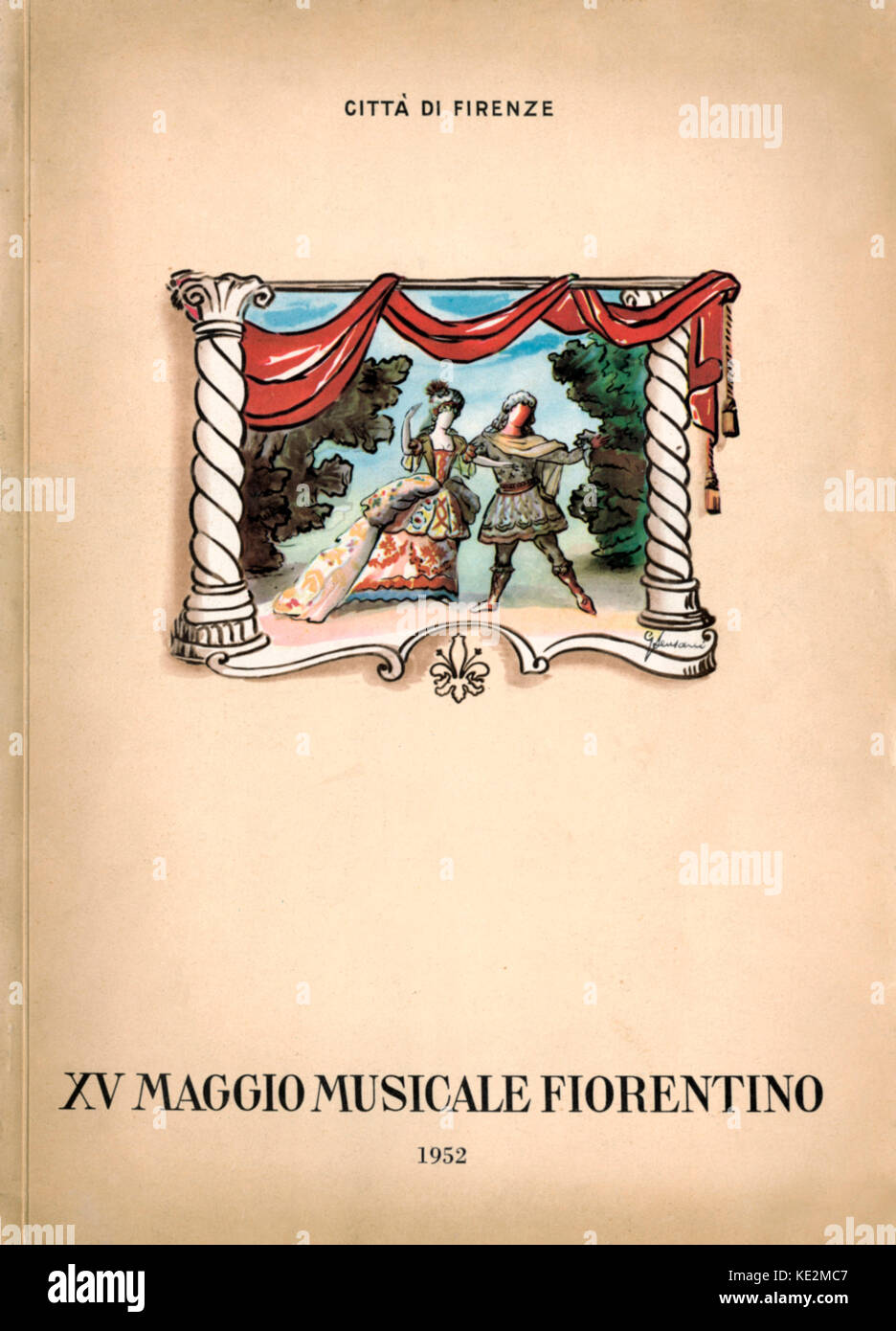 Stadio opera design con una esecuzione di coppia in costume. Coperchio del programma: XV Maggio Musicale Fiorentino, 1952. Firenze. Firenze. Foto Stock