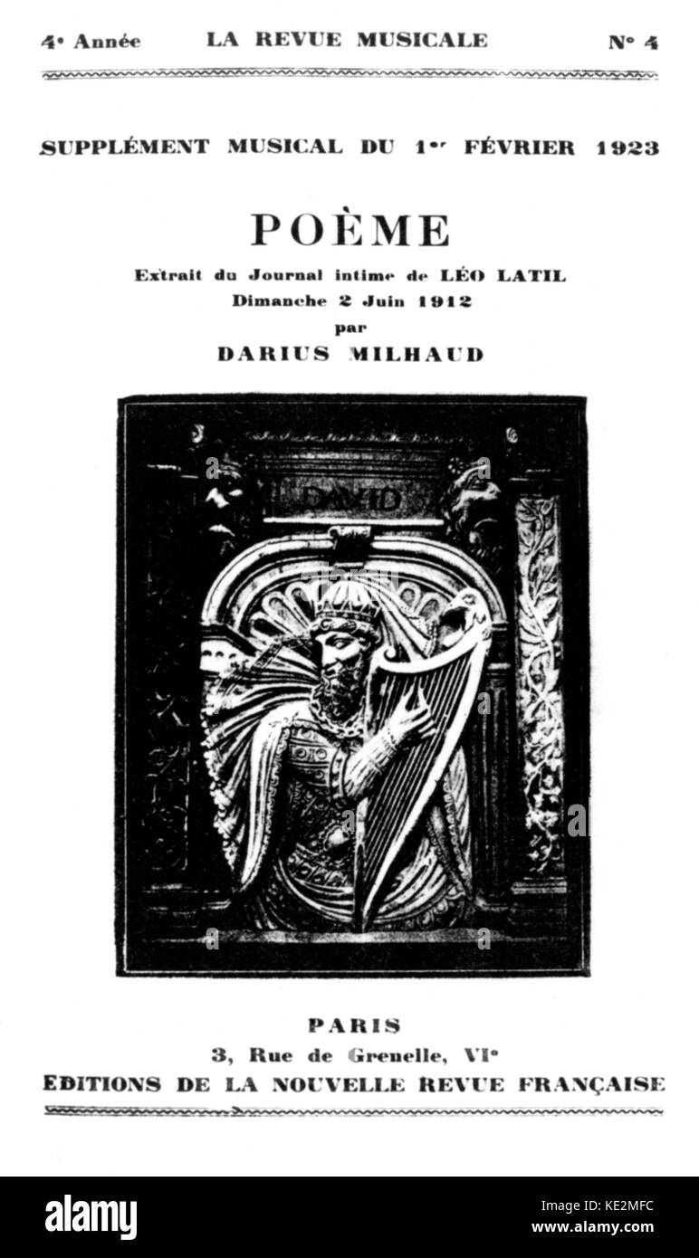 Darius Milhaud - copertura speciale di 'La revue musicale' circa il compositore francese , 1 febbraio 1923. 4 Settembre 1892 - 22 giugno 1974. Il coperchio si legge "Poème extrait du journal intime de Léo Latil Dimanche 2 juin 1912 par Darius Milhaud' Foto Stock