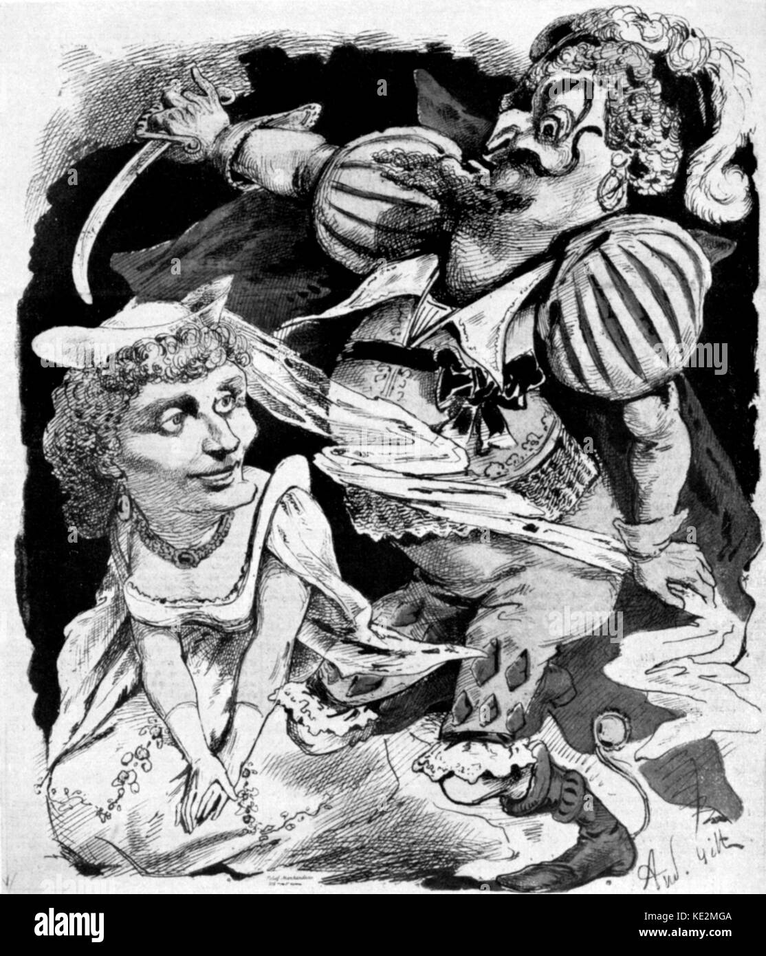 Barbablù / Barbe-Bleue - illustrazione di una scena dall'opera di Jacques Offenbach con Barbablù con una spada in piedi su una donna in ginocchio, 1866. JO: tedesco/compositore francese, 20 Giugno 1819 - 5 ottobre 1880. Foto Stock