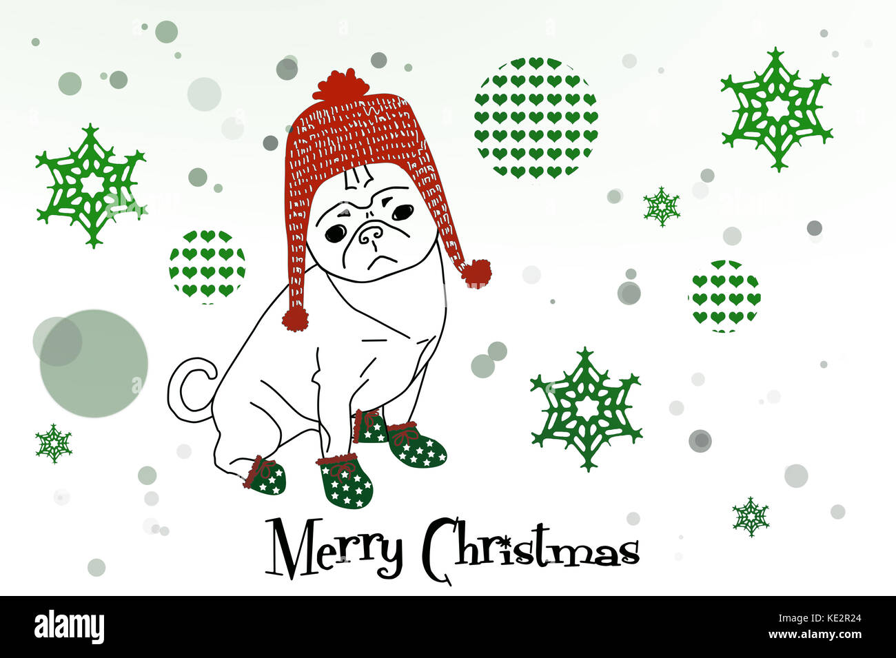 Illustrazione pug cane con cappuccio cavo e stivali inverno nella neve con testo: Buon Natale Foto Stock