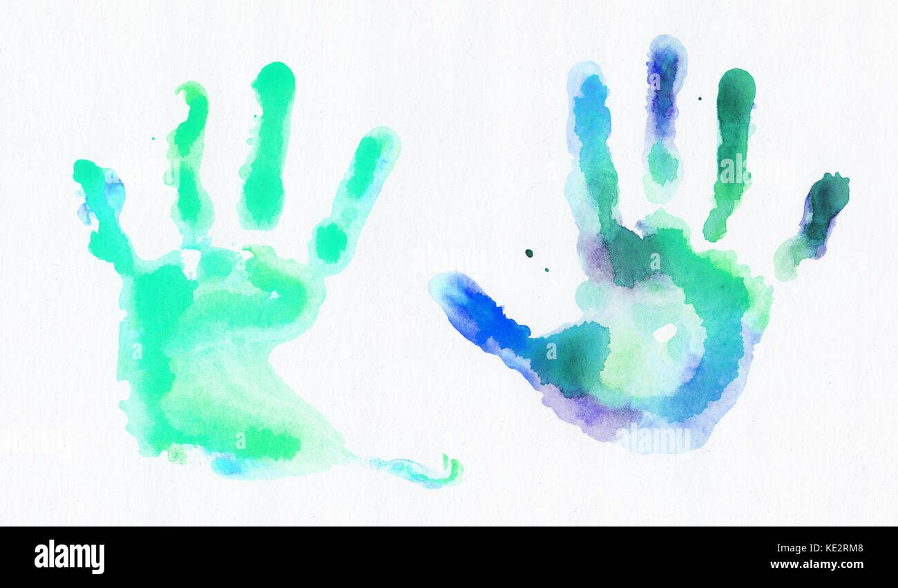 Handprints acquerello su sfondo bianco Foto Stock