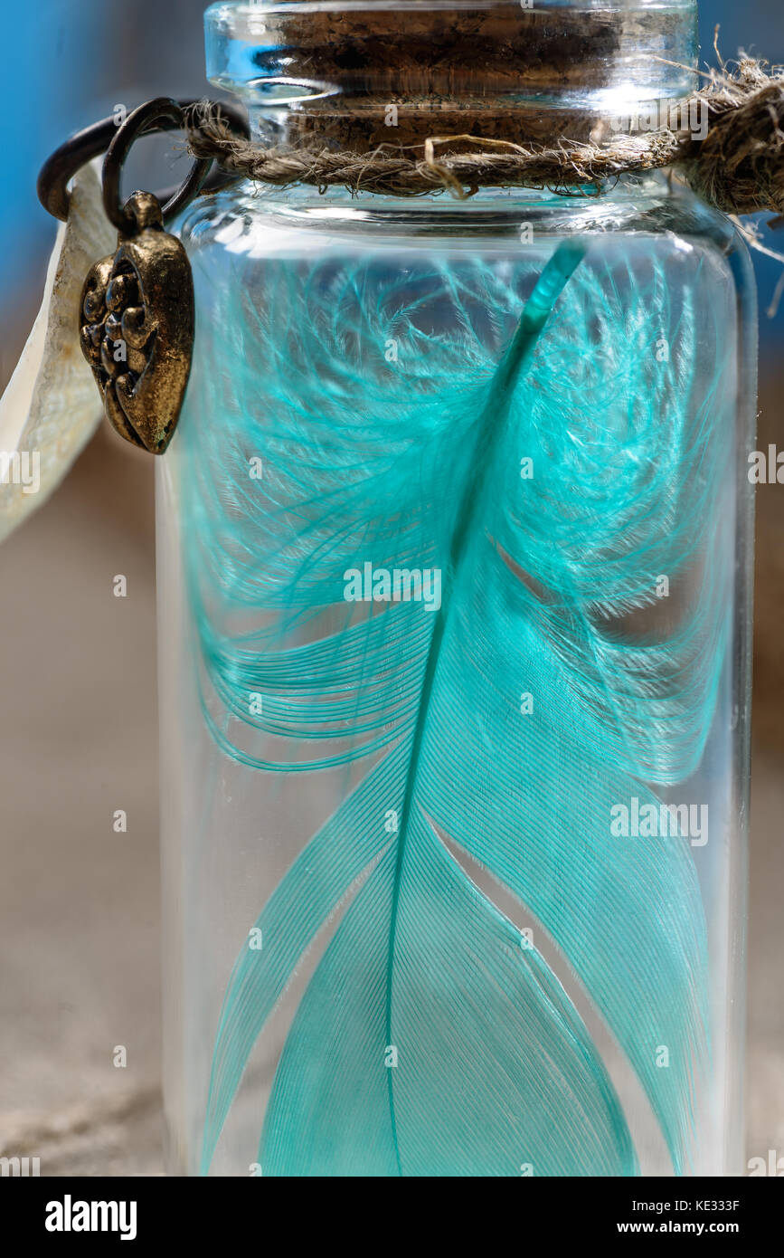 Il blu di piume di struzzo prisoned in piccola bottiglia di vetro Foto Stock