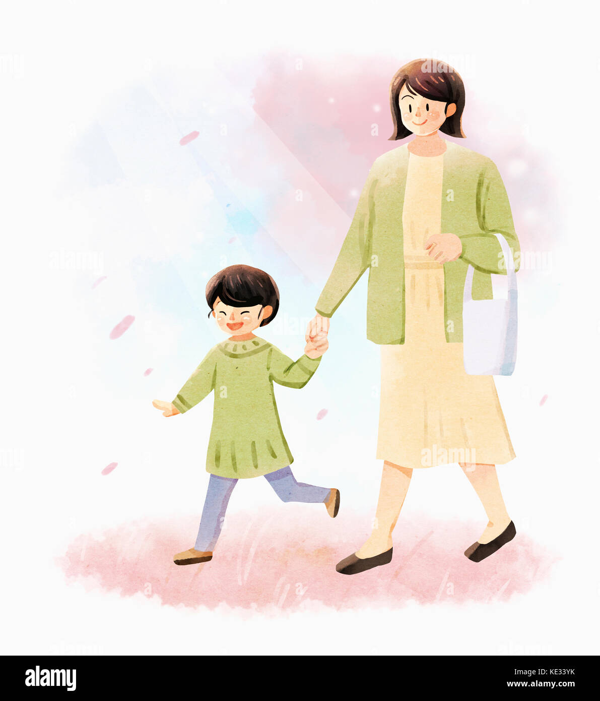 Sorridente madre e figlia camminare tenendo le mani Foto Stock
