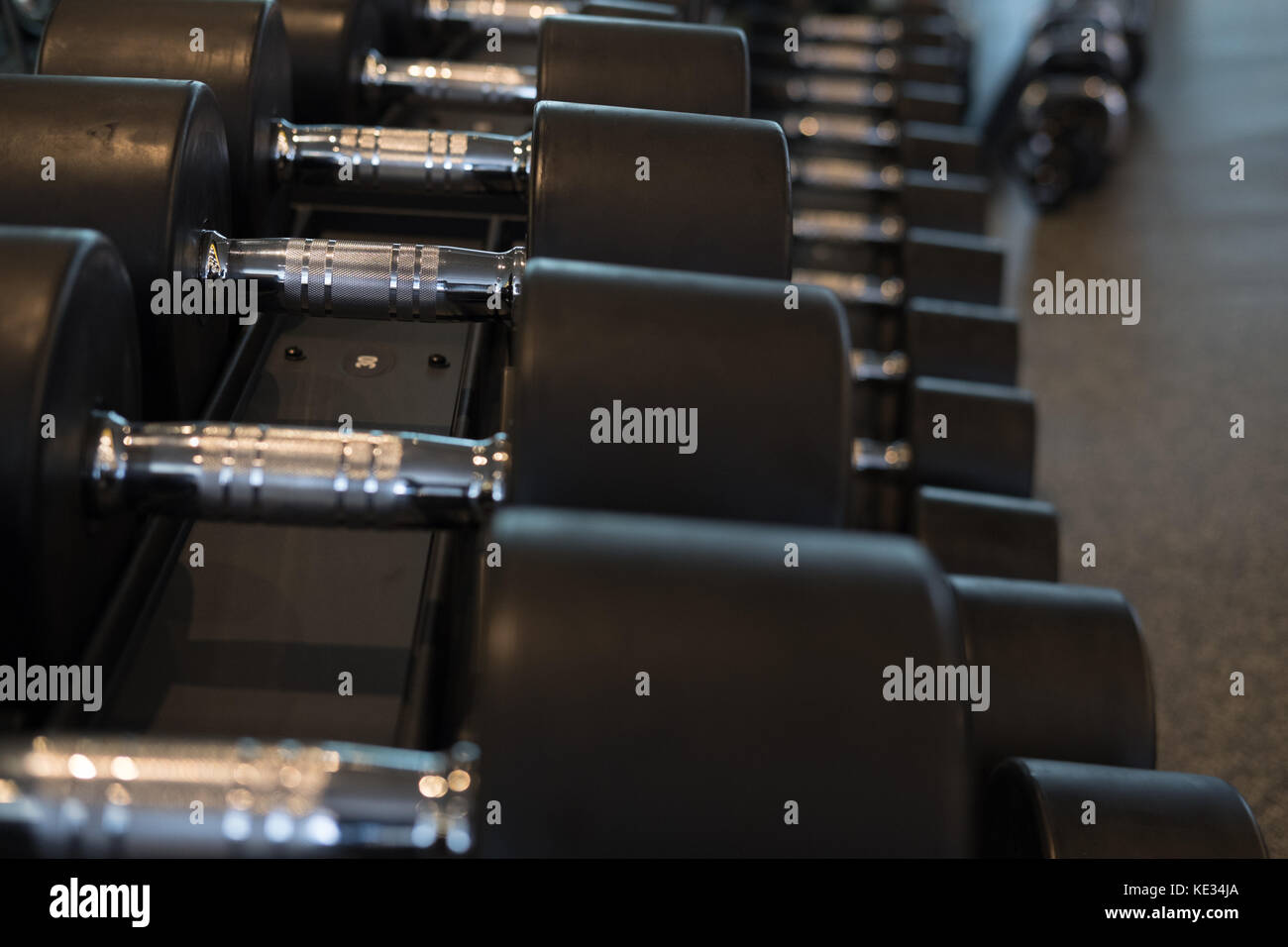 Fila di manubri in palestra. nero set di manubri in sport club fitness center. Foto Stock