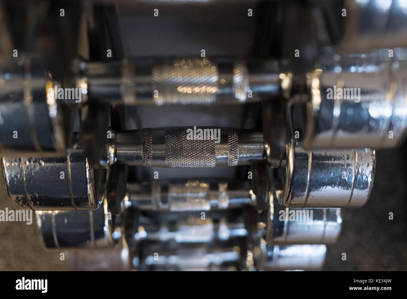 Fila di manubri in palestra. nero set di manubri in sport club fitness center. Foto Stock