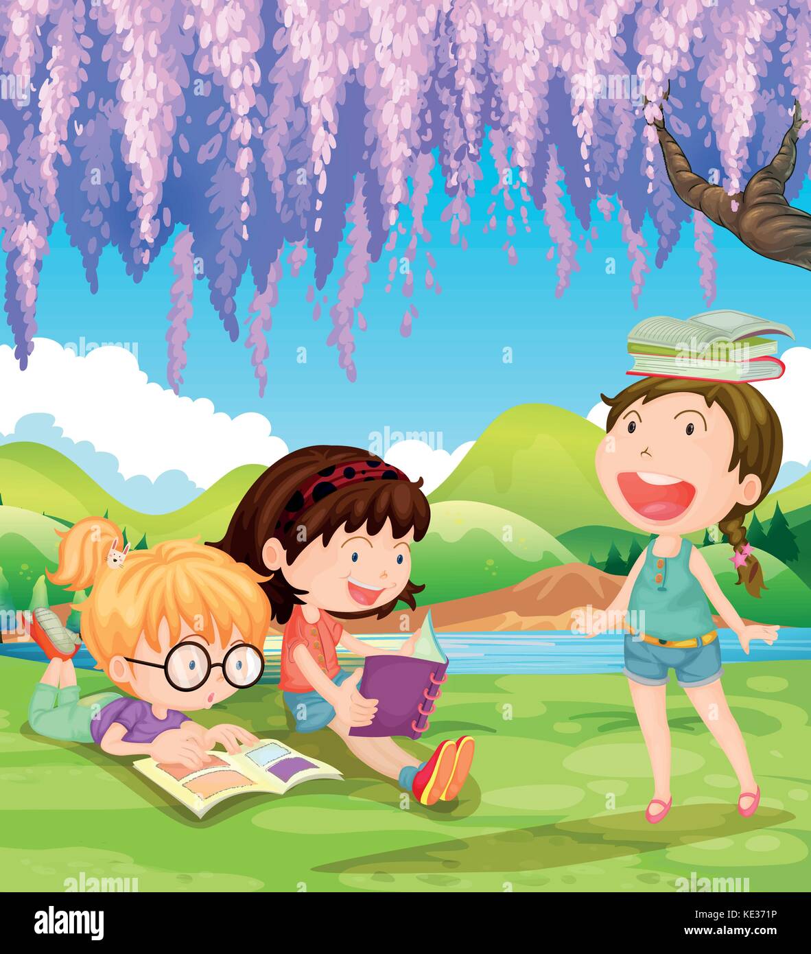 I bambini la lettura di libri sotto l'albero illustrazione Illustrazione Vettoriale