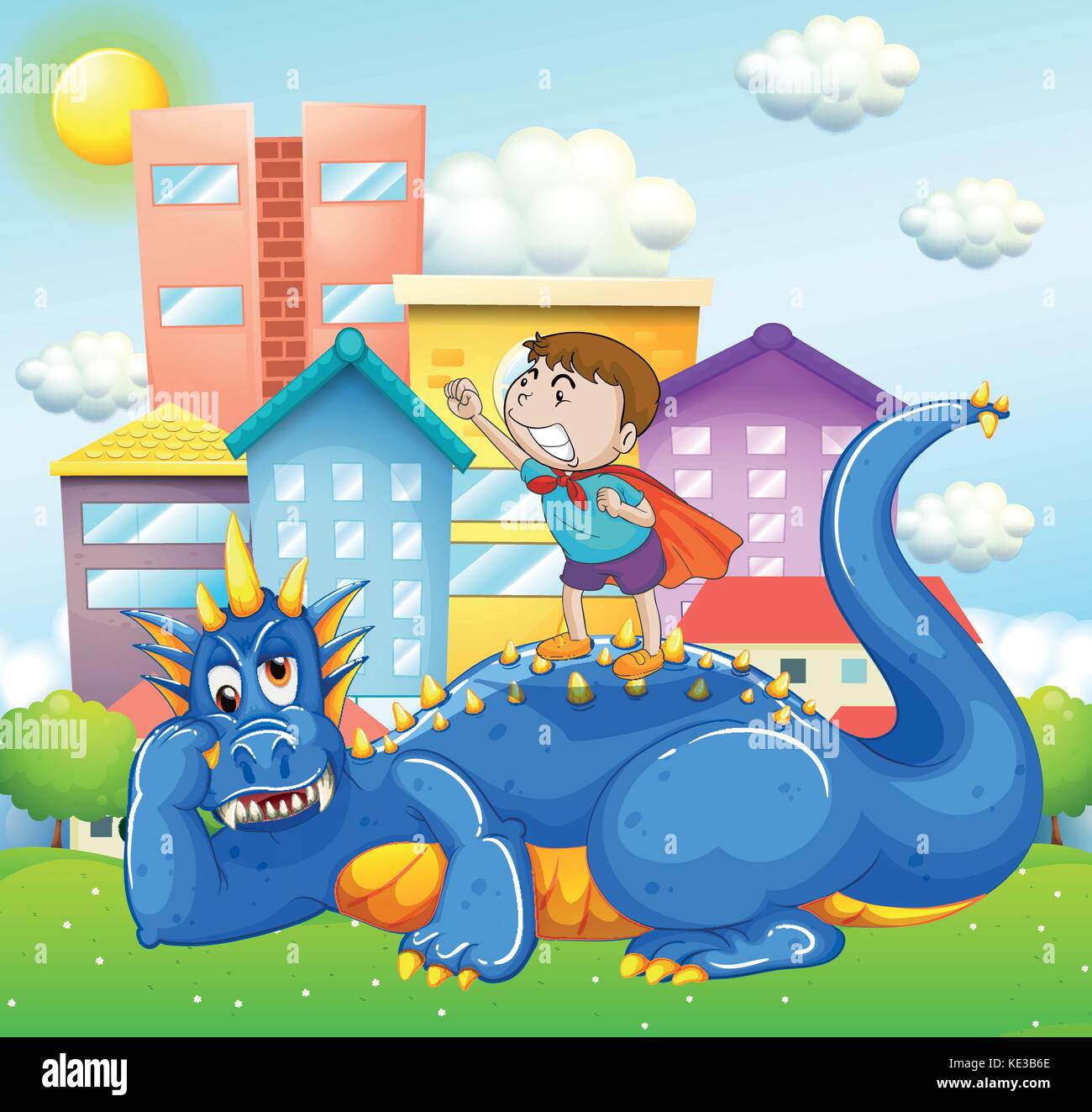 Boy e Blue Dragon nel parco illustrazione Illustrazione Vettoriale