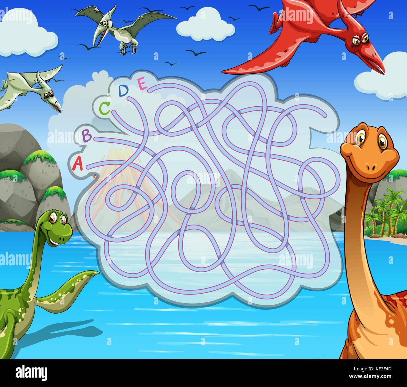 Il modello di gioco con i dinosauri nel lago di illustrazione Illustrazione Vettoriale