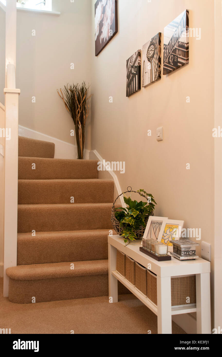 La scala in nuova costruzione casa con tappeti marrone Foto Stock