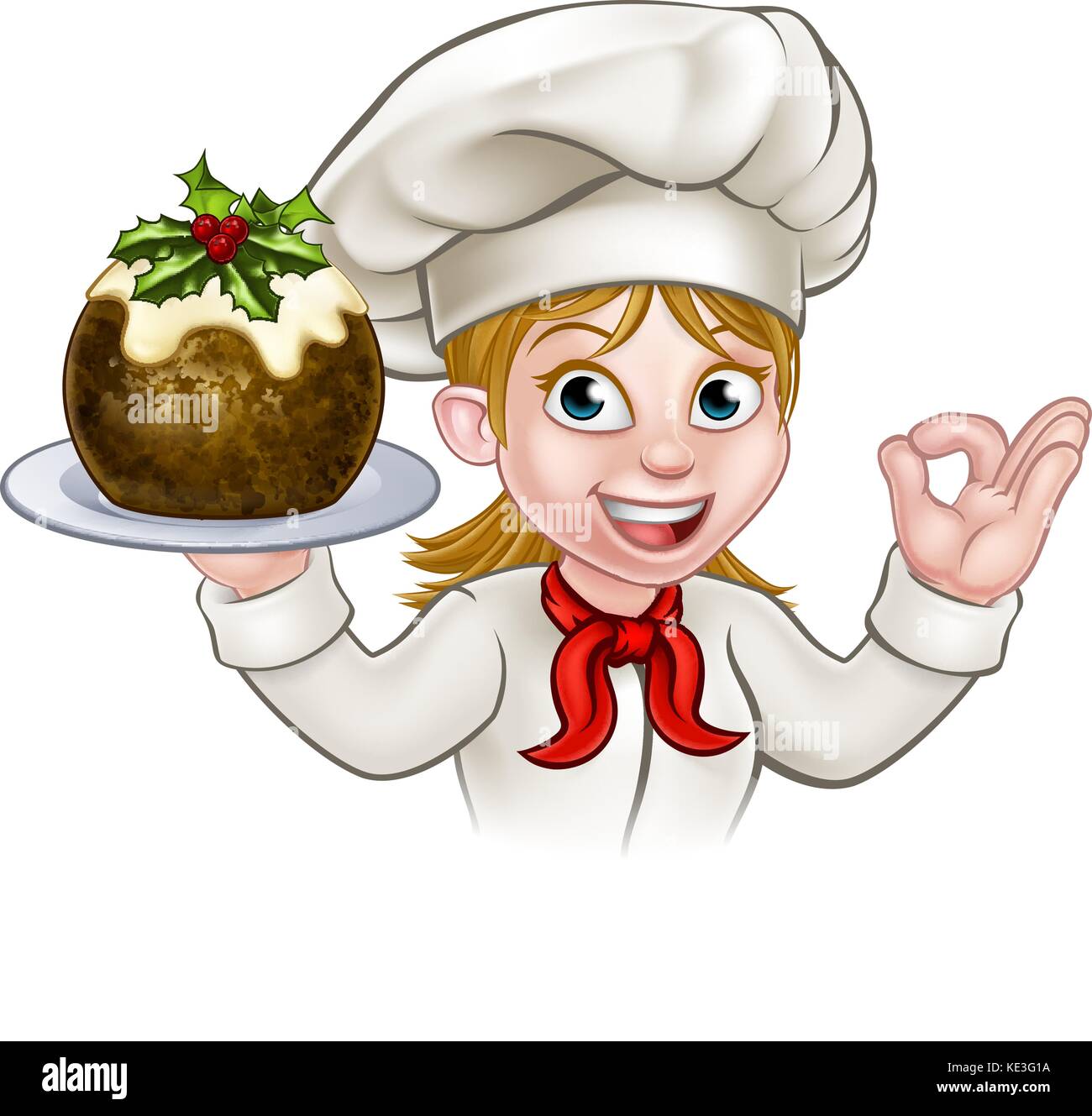 Chef donna che tiene pudding di Natale Illustrazione Vettoriale