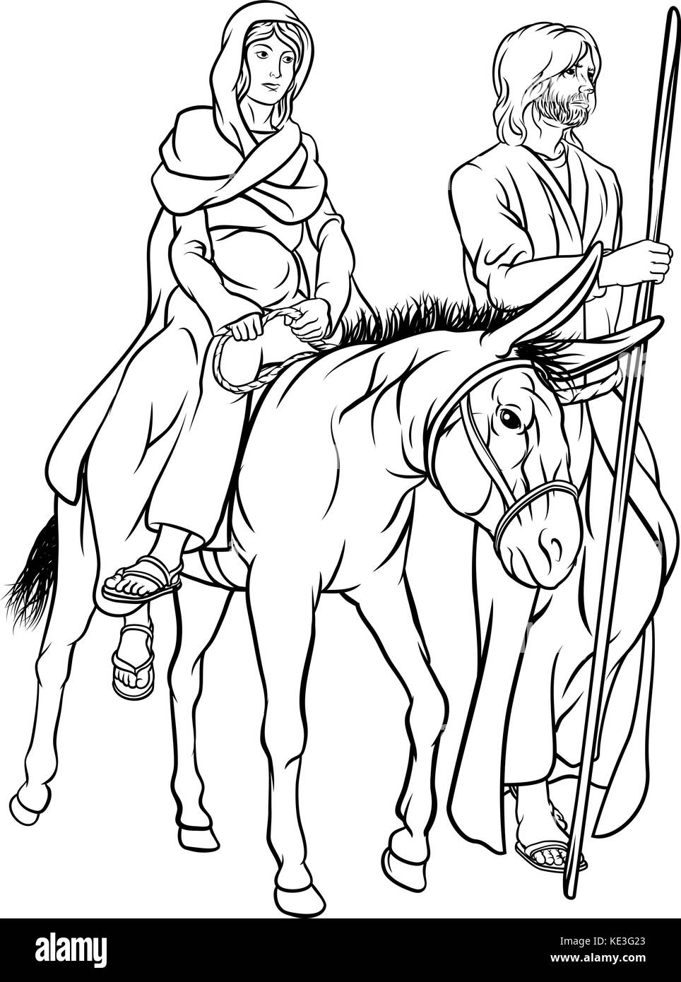 Presepe Cristiano religioso illustrazione di Natale di Giuseppe e della Vergine Maria madre di Gesù che cavalcano un asino durante il loro viaggio nel deserto Illustrazione Vettoriale