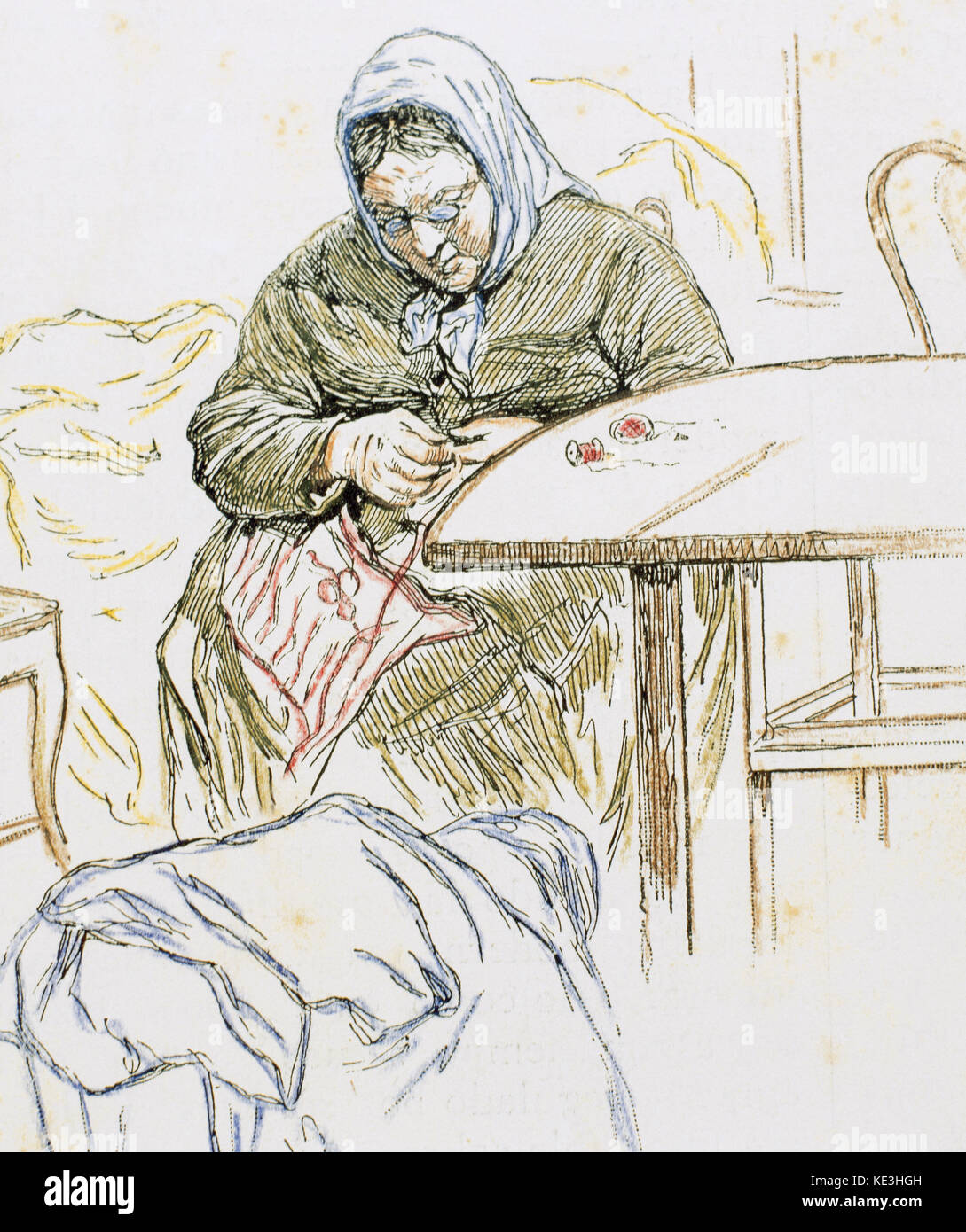 Una vecchia donna di cucitura. Incisione colorata. 'La Ilustracion', 1885. Foto Stock