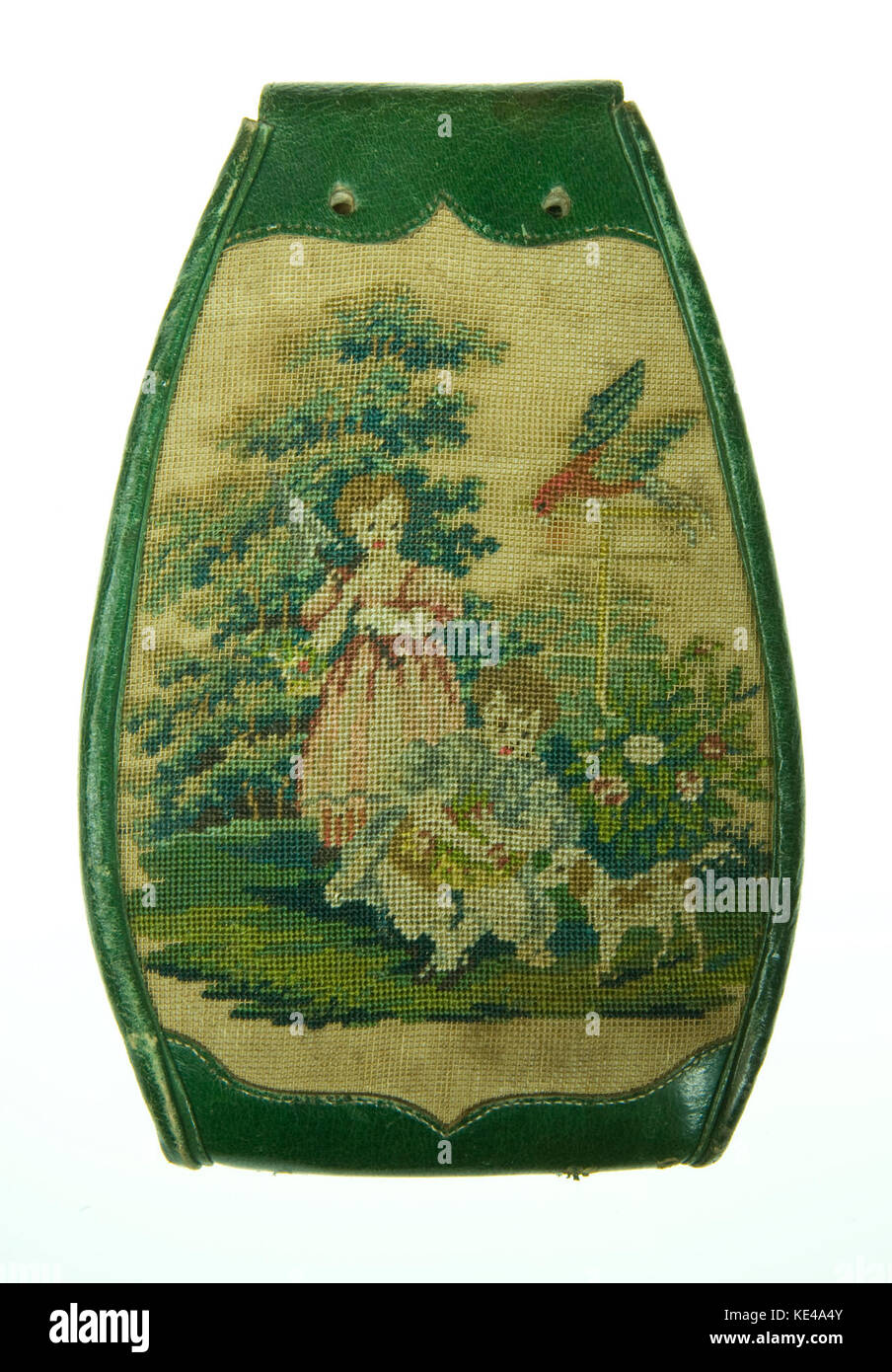Una sacca per tabacco appartenente a Henry Almstedt, realizzata con disegni intricati, che mostra l'artigianato del XIX secolo in oggetti personali. Foto Stock