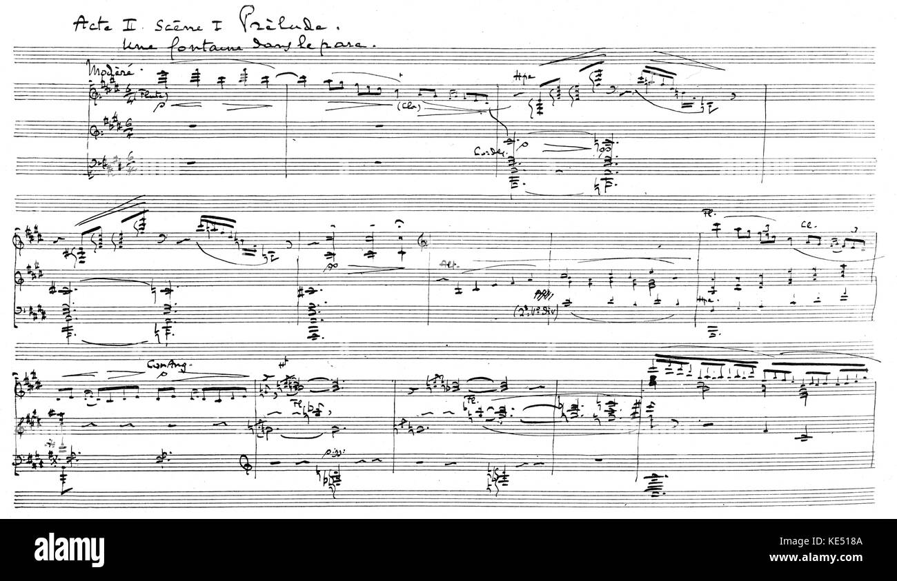 Claude Debussy 's opera 'Pelléas et Mélisande'. Scritto a mano punteggio per atto II, scena I Preludio, 'una fontana nel parco". Opéra-Comique di Parigi. Debussy, compositore francese, 22 agosto 1862 - 25 Marzo 1918. Foto Stock
