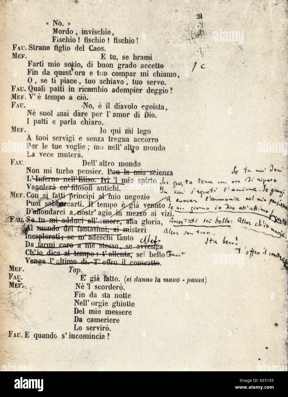 Arrigo Boito 's opera 'Mefistofele' , ATTO I - Prima pagina del libretto con le correzioni manoscritte dal poeta e compositore operistico, 24 Febbraio 1842 - 10 giugno 1918. Foto Stock