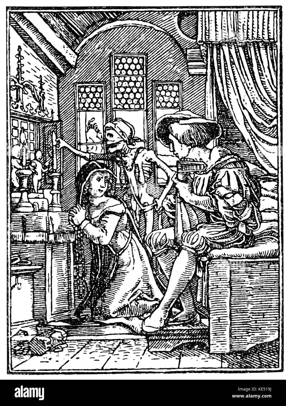 Der Totentanz (Danza Macabra o danza di morte) - tardo medievale allegoria che mostra la morte personificata. Xilografia / incisione di Hans Holbein il Giovane artista tedesco: c. 1497 - 29 novembre 1543. Lo scheletro, scheletri. Foto Stock