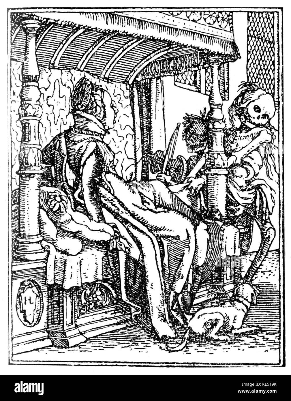 Der Totentanz (Danza Macabra o danza di morte) - tardo medievale allegoria che mostra la morte personificata. Xilografia / incisione di Hans Holbein il Giovane artista tedesco: c. 1497 - 29 novembre 1543. Lo scheletro, scheletri. Foto Stock