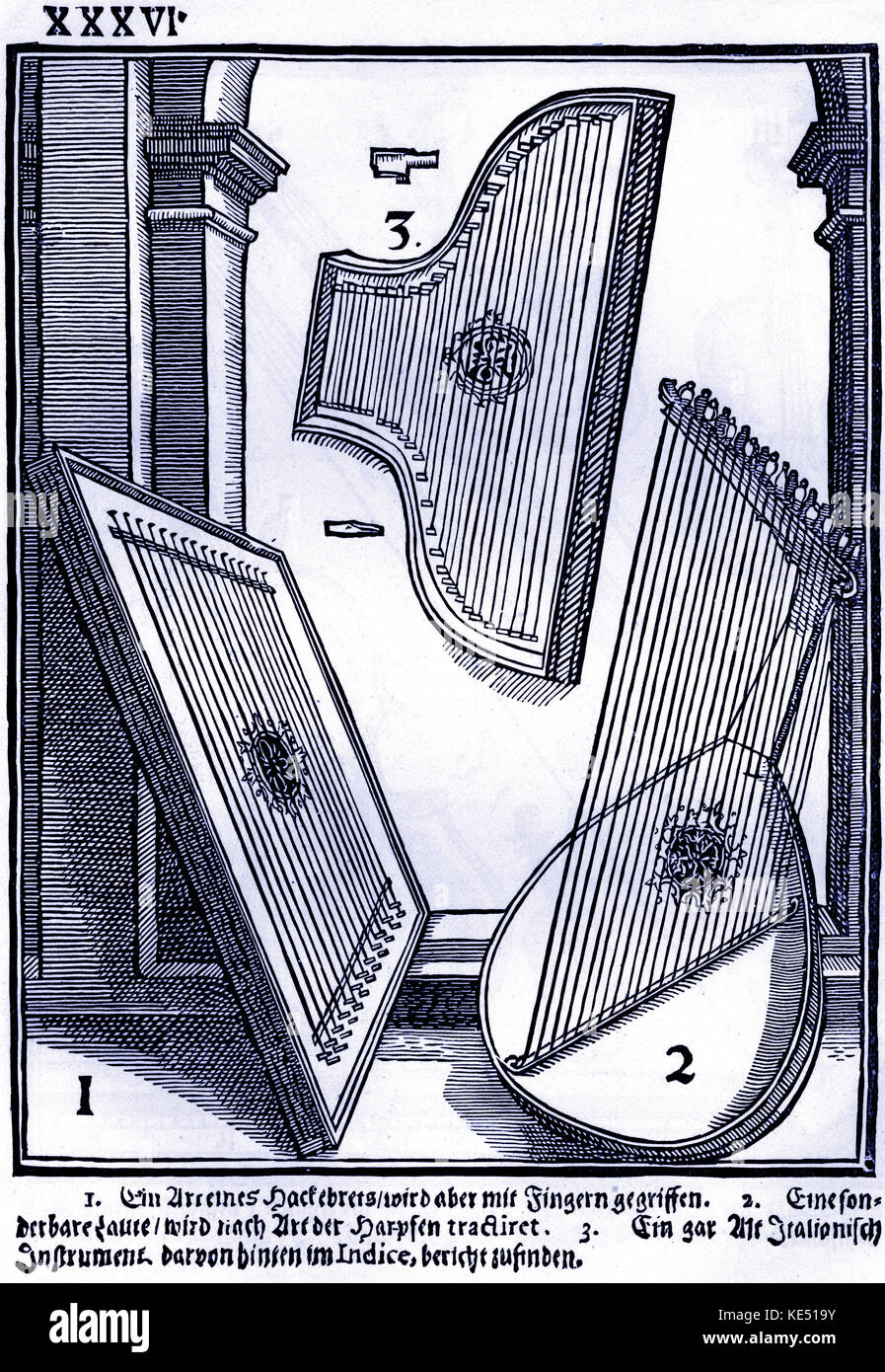 Michael Praetorius 's 'Syntagma Musicum" - 1. Tipo di Hackbret (dulcimer) ha suonato con le dita 2. Curiosamente liuto sagomato per essere giocato nel modo dell'arpa 3. Molto vecchio strumento italiano. MP, del compositore tedesco e musicologo di musica sacra e profana: 18 Febbraio 1571 - 15 febbraio 1621. Catalogo di inizio XVII secolo gli strumenti Foto Stock