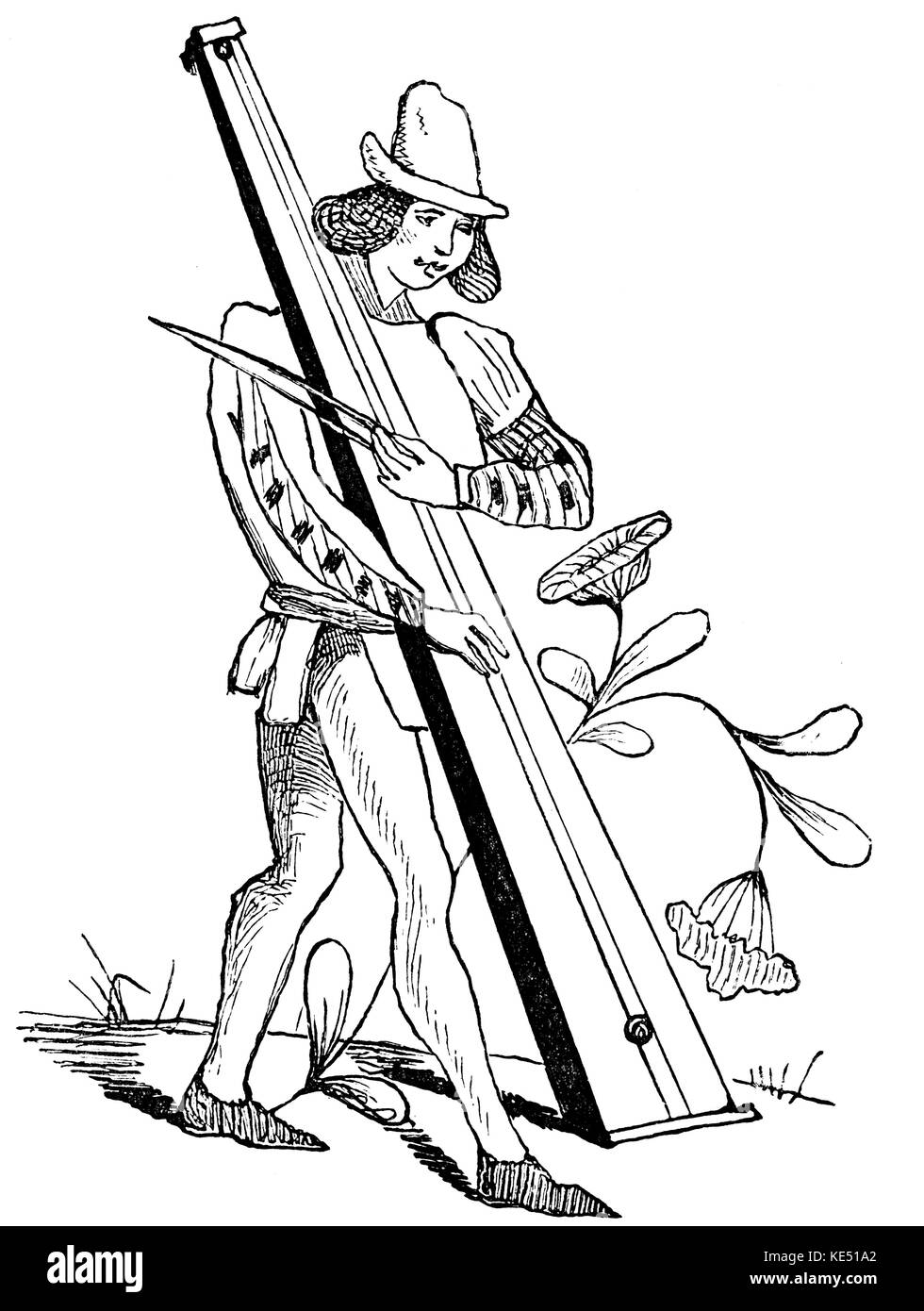 Musicista Trumscheit (XIII - XV secolo). O Monocordo. O Tromba marina. Costituito da un lungo stretto box composto da tre assi, rastremata verso l'alto. Foto Stock