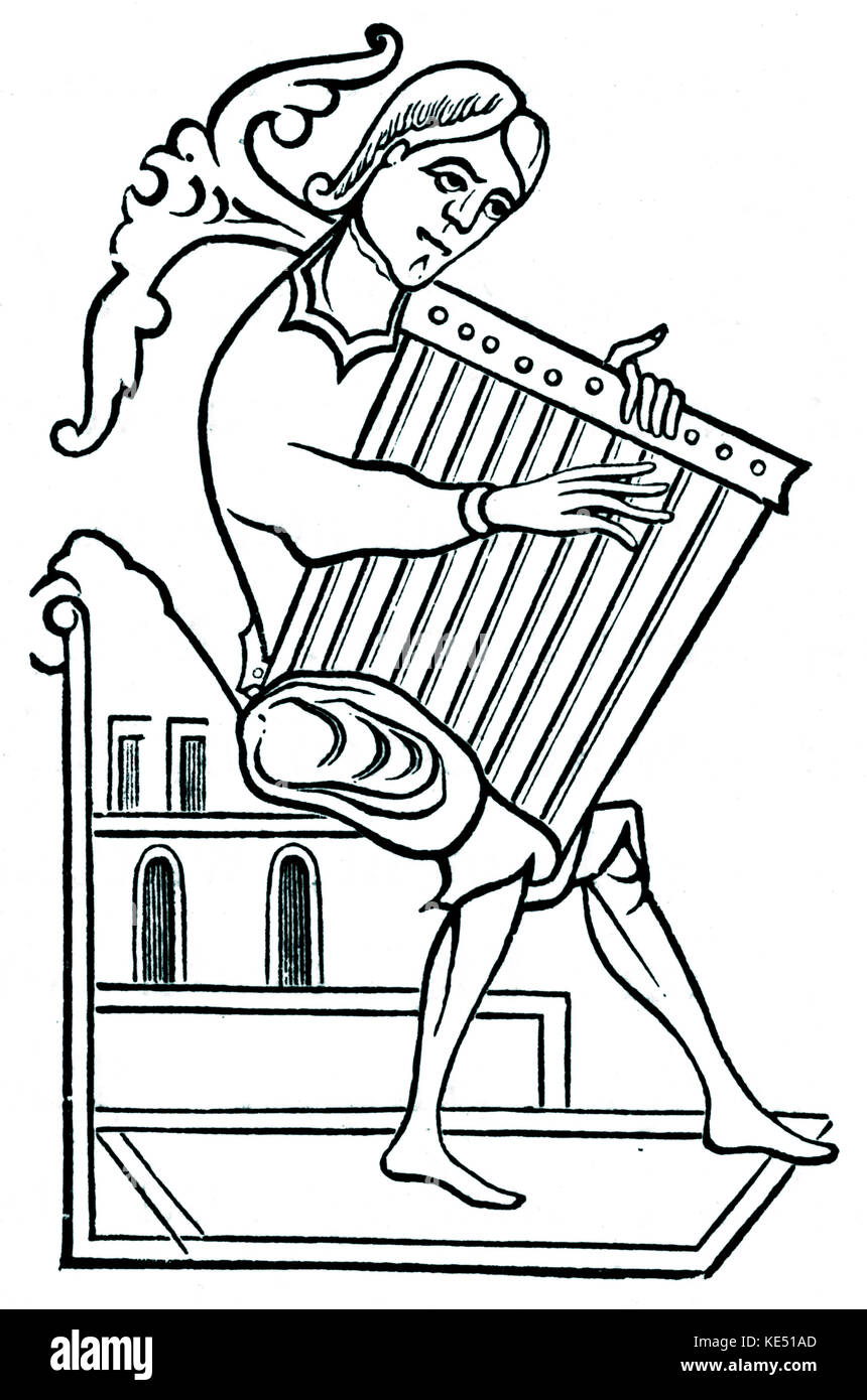 Square salterio svolto dal musicista - IX secolo. Foto Stock