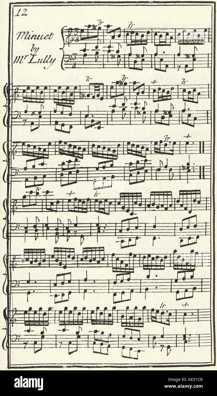 Minuet da Lully. musica punteggio per il clavicembalo, pubblicata a Londra, 1731. Jean-Baptiste Lully, compositore francese: 28 Novembre 1632 - 22 Marzo 1687. Foto Stock