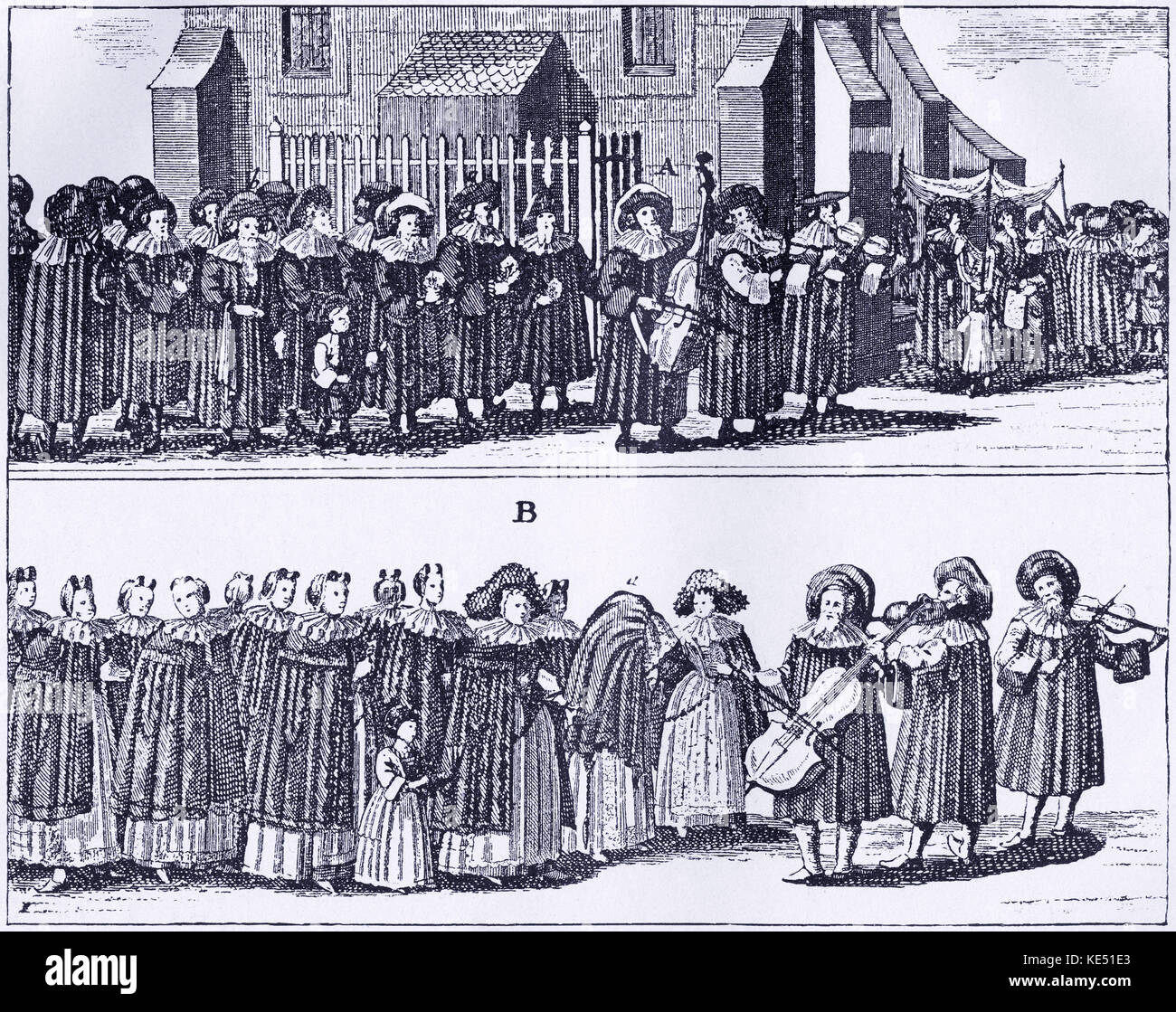 I musicisti a un matrimonio ebraico, divertente uomini e donne separatamente, tettoia di nozze a destra. Corteo Nuziale. Da 'Jüdisches Ceremoniell' da Kirchner, pubblicato Norimberga 1734. Foto Stock