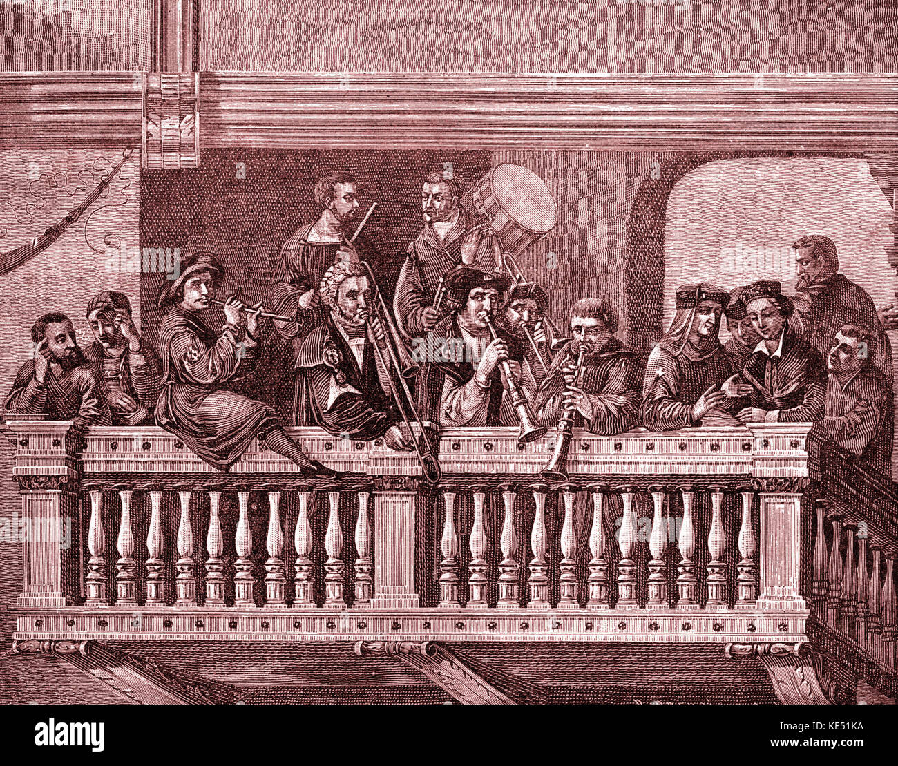 Norimberga (Nürnberg) banda cittadina - varietà di musicisti eseguendo sul balcone. Da un murale dipinto di Albrecht Dürer in Norimberga town hall. Annuncio, pittore tedesco: 21 Maggio 1471 - 6 aprile 1528. Foto Stock