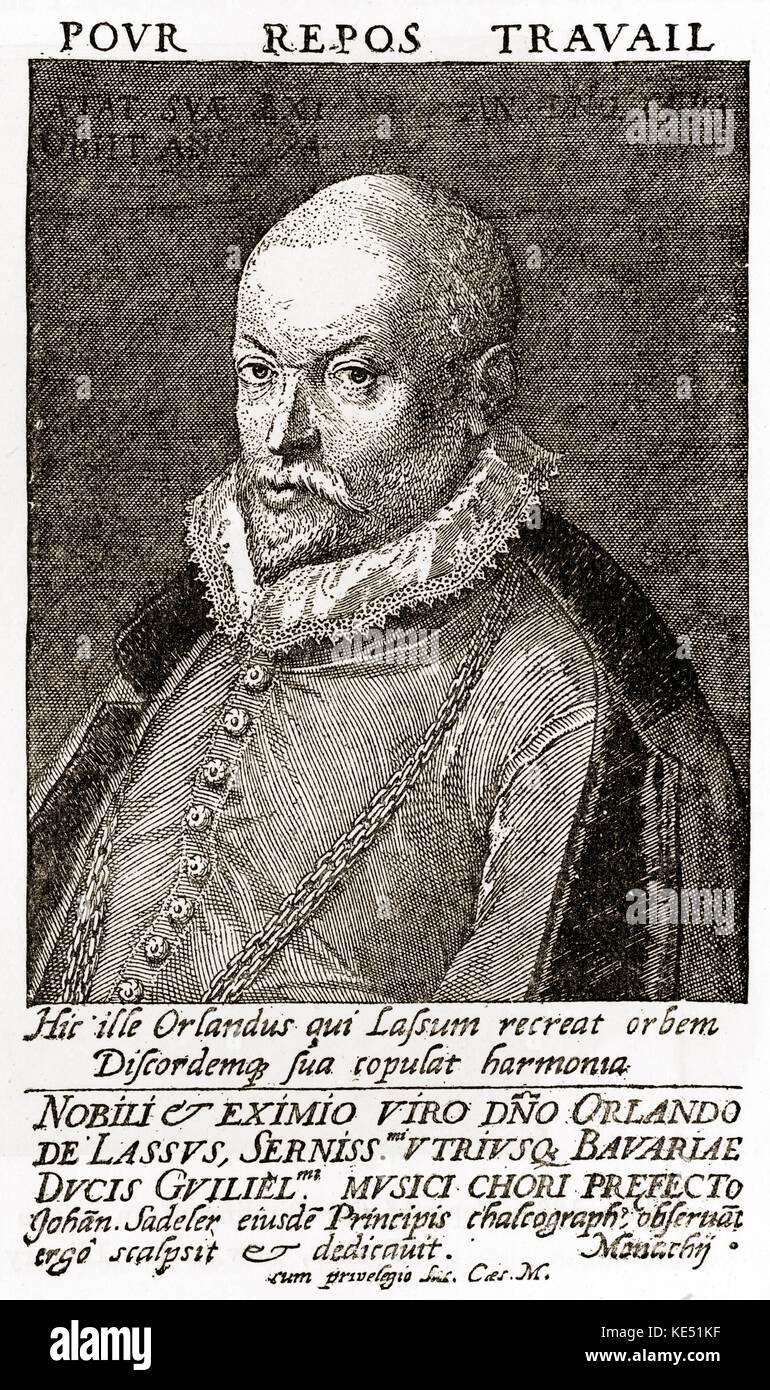 Orlando Lassus - ritratto della Scuola franco fiamminga compositore del tardo Rinascimento. Incisione di Amelingue. OL: c. 1532 - 14 giugno 1594. Noto anche come Roland de Lassus, Roland Delattre, Orlande de Lassus, Orlando di Lasso. Soprannominato 'il belga Orpheus" (Orfeo, Orphée) e 'principe della musica". Foto Stock