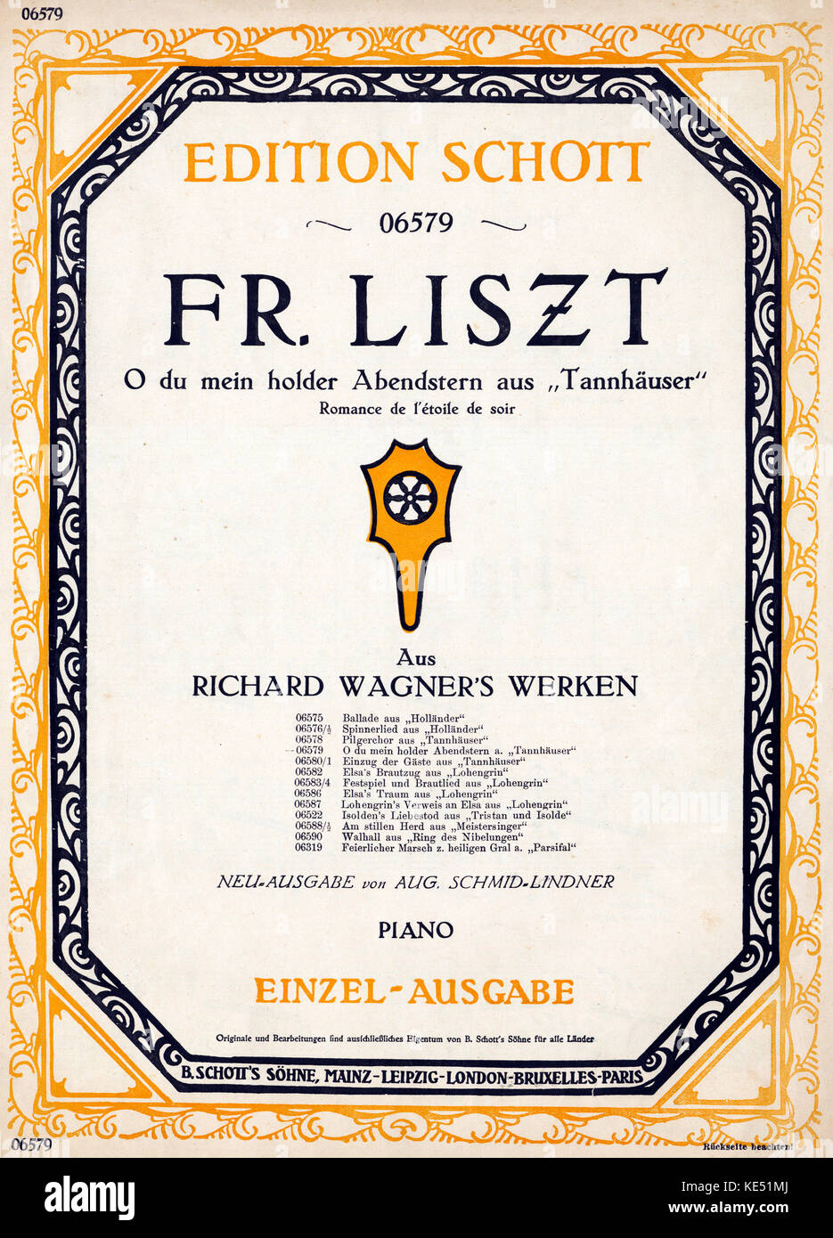 'O du mein titolare Abendstern" (sera stelle) - Punteggio copertura per Franz Liszt 's trascrizione di Richard Wagner 's song (dall'opera "Tannhäuser"). Pubblicato: Mainz & Leipzig, B. Schott 's Söhne, 1917. Franz Liszt, ungherese pianista e compositore: 22 Ottobre 1811 - 31 luglio 1886. Richard Wagner, del compositore tedesco & autore: 22 Maggio 1813 - 13 febbraio 1883. Foto Stock