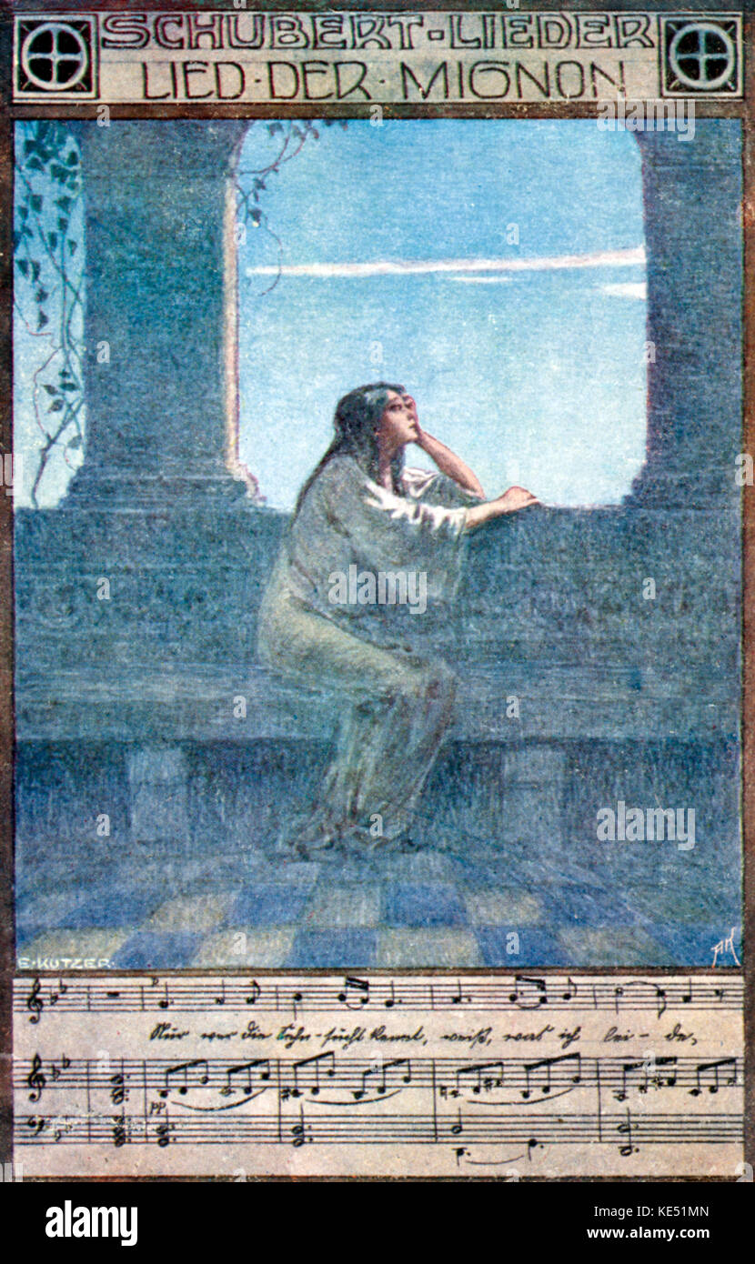 Franz Schubert - il compositore austriaco 's canzone "Lied der Mignon'  (Mignon 's song). Mignon seduto e guardando fuori della finestra. Barre di  musica con testi in fondo. Basato sul poema di