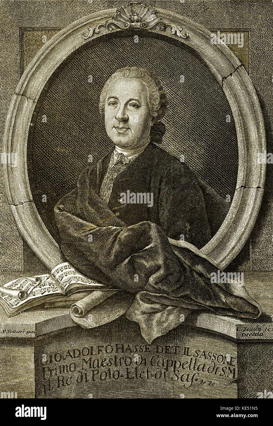 Johann Adolph Hasse - Ritratto del tenore tedesco. 25 Marzo 1699 - 23 dicembre 1783. Incisione di L. Zucchi (da un ritratto da C.P Rotavi). Foto Stock